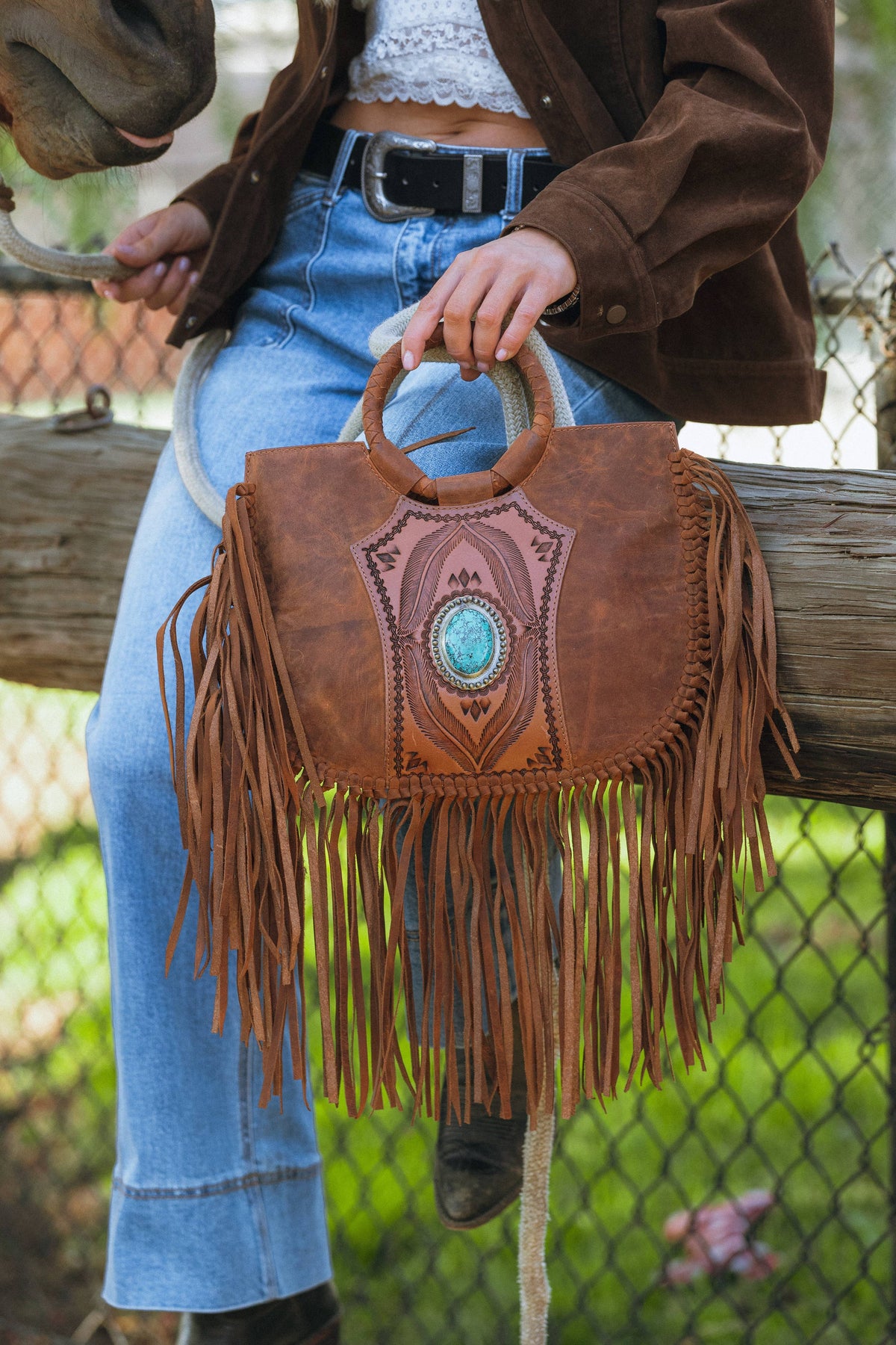 Sedona Tassle Hand Bag In Saddle Brown with Turquoise