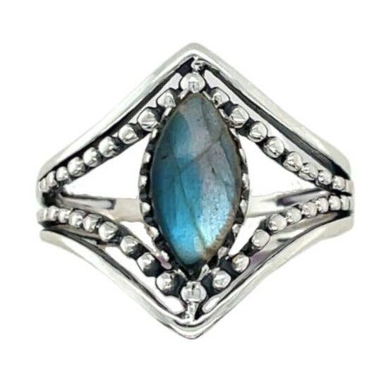Shining Marquise Labradorite Sterling Silver Open Band Ring