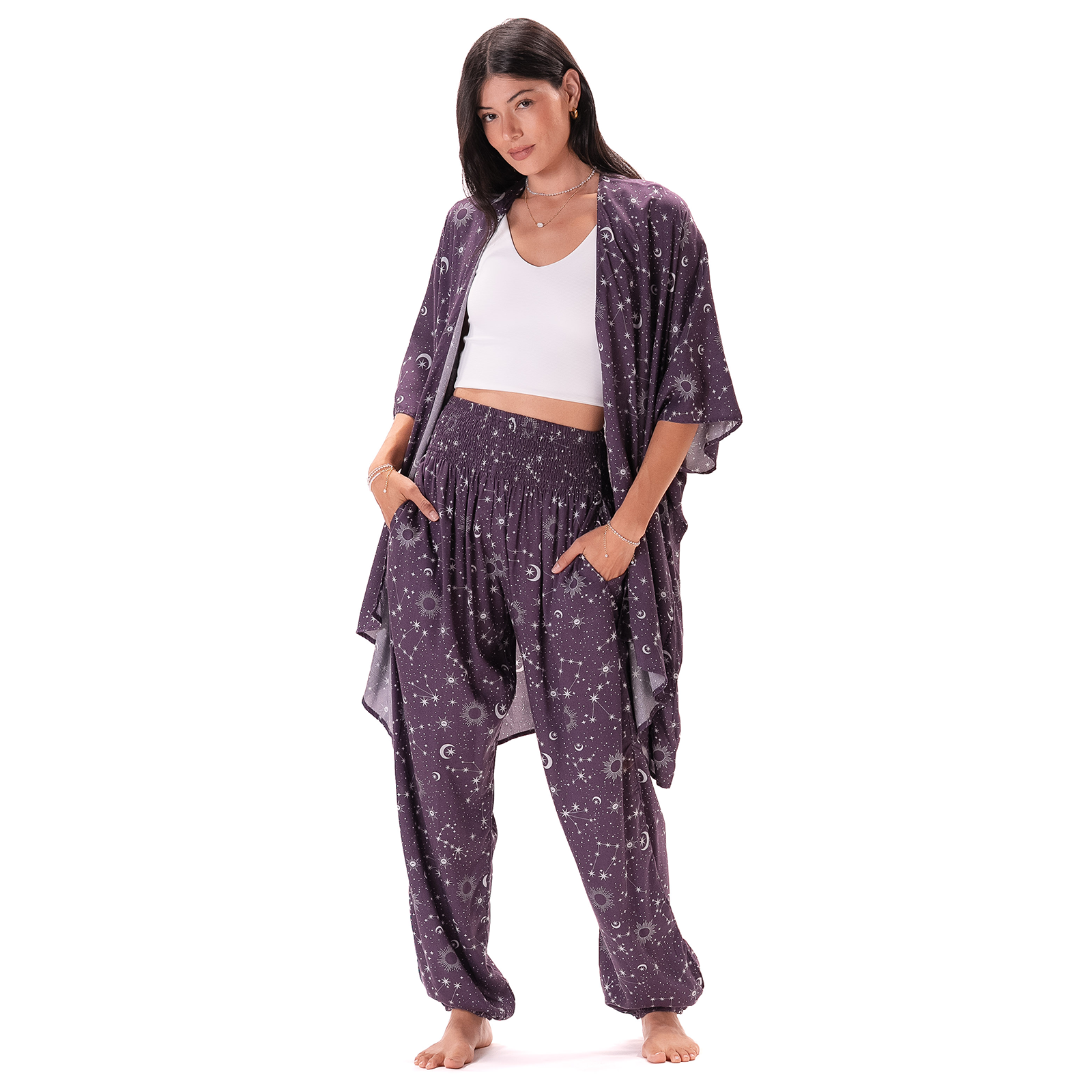 Lunar Plum Starry Night Harem Pants with Pockets