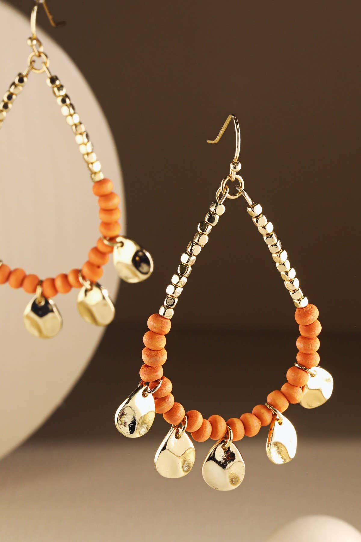 Boho Orange Wood Beaded Teardrop Hoop Earrings