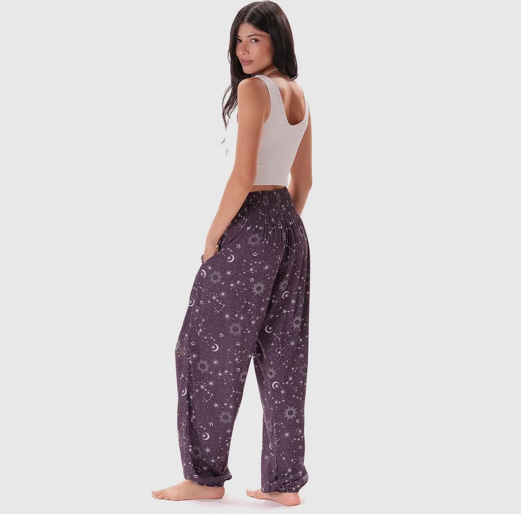 Lotus & Luna: Plum Starry Night Harem Pants with Pockets