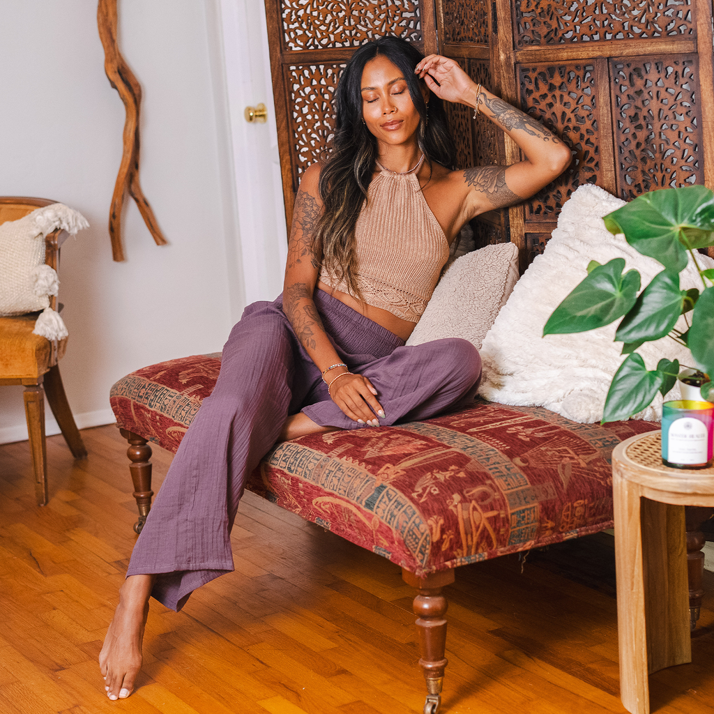 Lunar Sky Wide Leg Cotton Pants- Plum