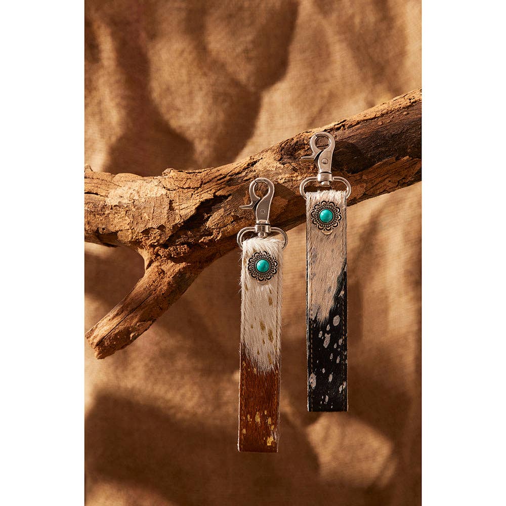 Concho Delight Leather Hairon Key Fob in Brown & White