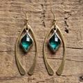 Handmade Brass Wishbone Earrings with Emerald Green Glass Marquise Crystal