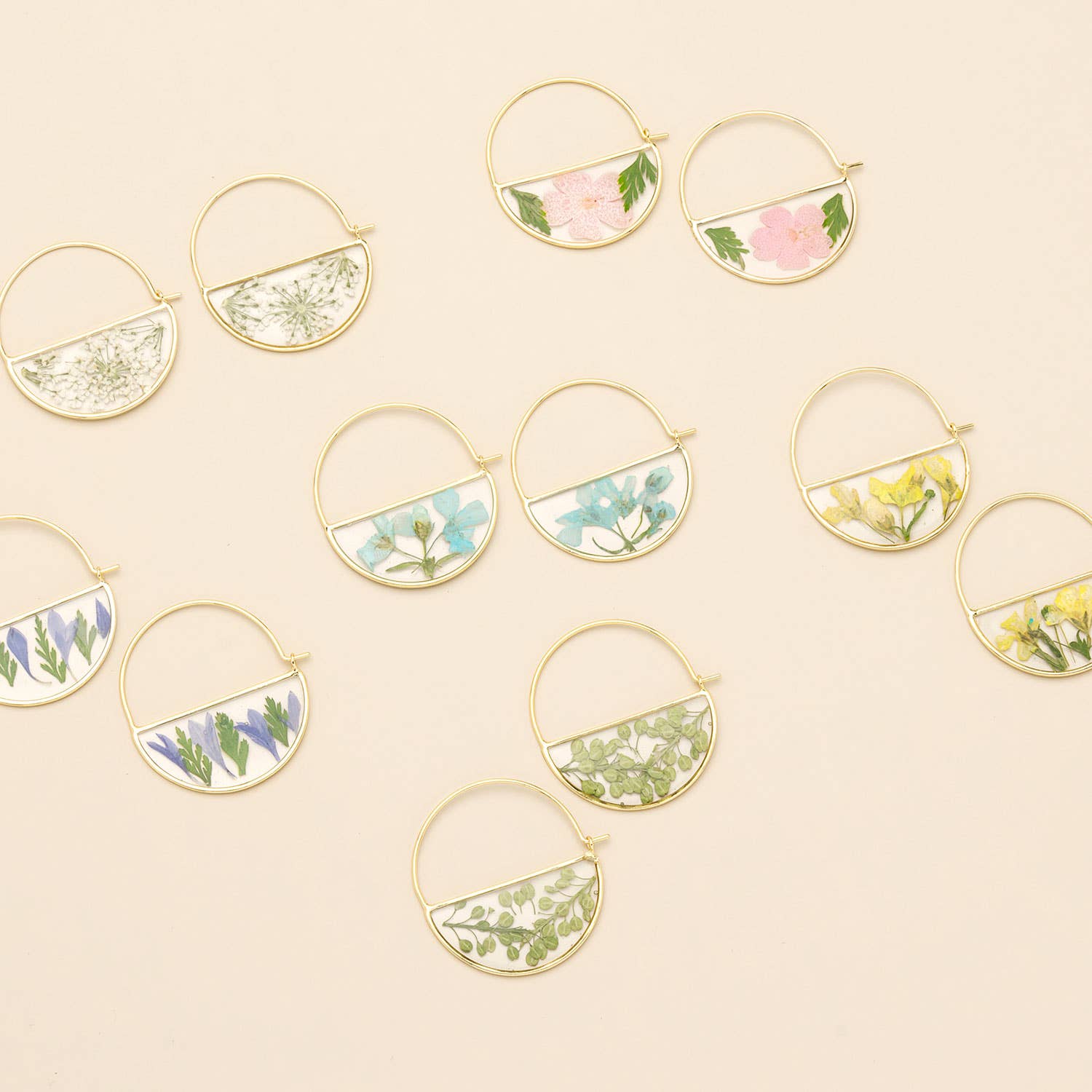 Pressed Flower Hoop Earring - Pink Cherry Blossom/Gold