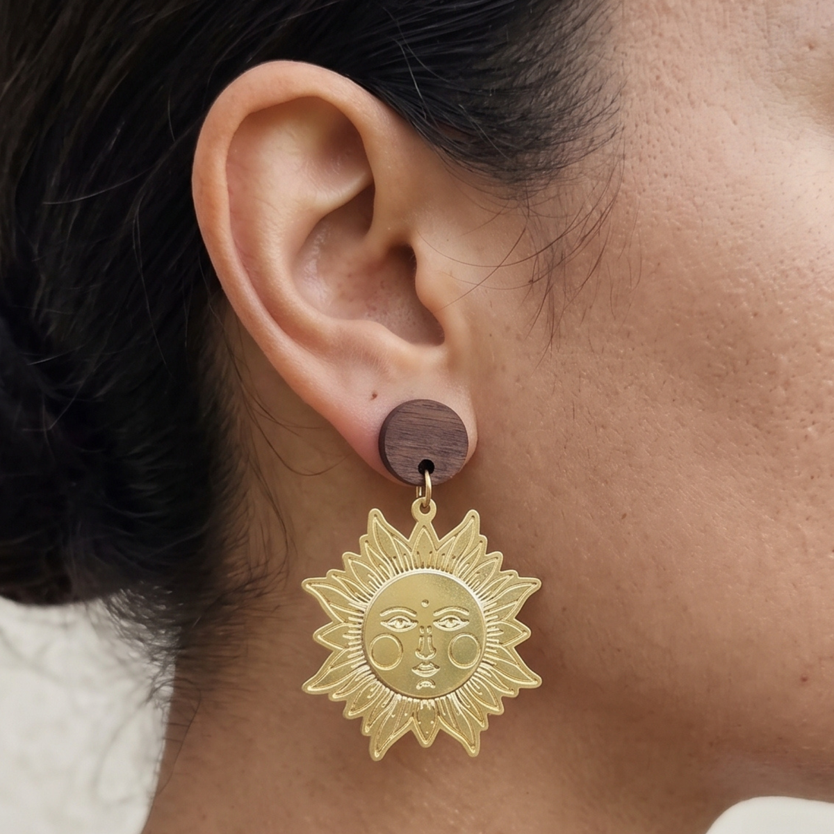 The Sol Invictus Earrings – Laser-Etched Sun & Wood Studs