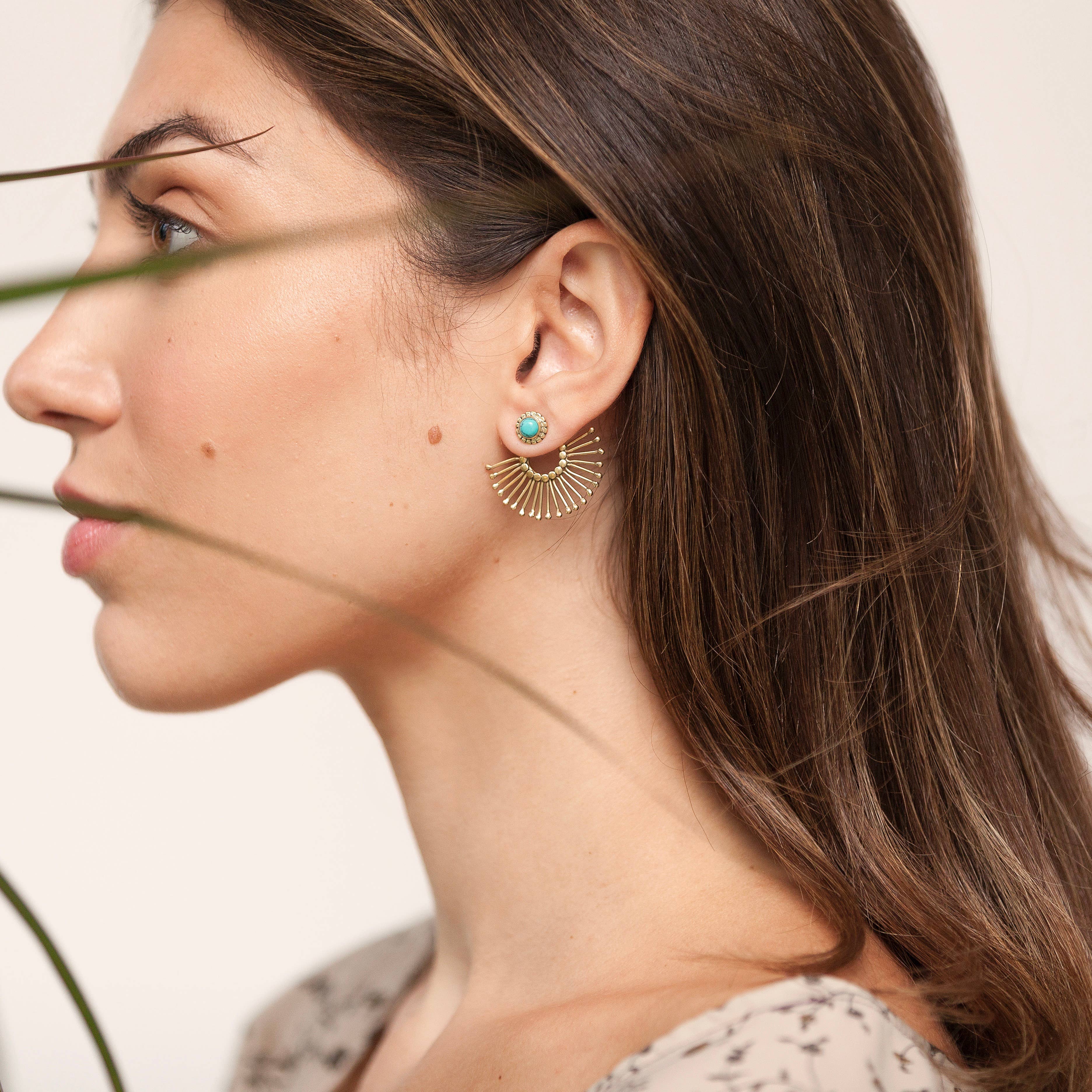 Brass Sunburst Turquoise Ear Jacket
