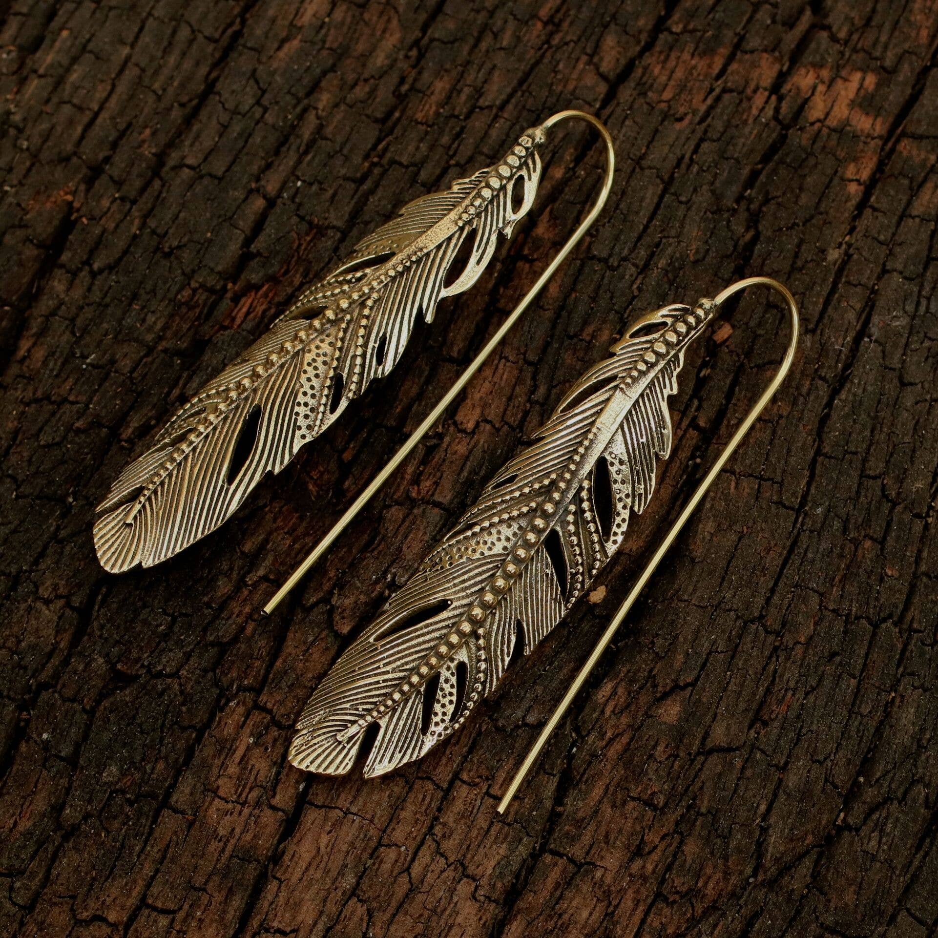 Brass Long Feather Earrings