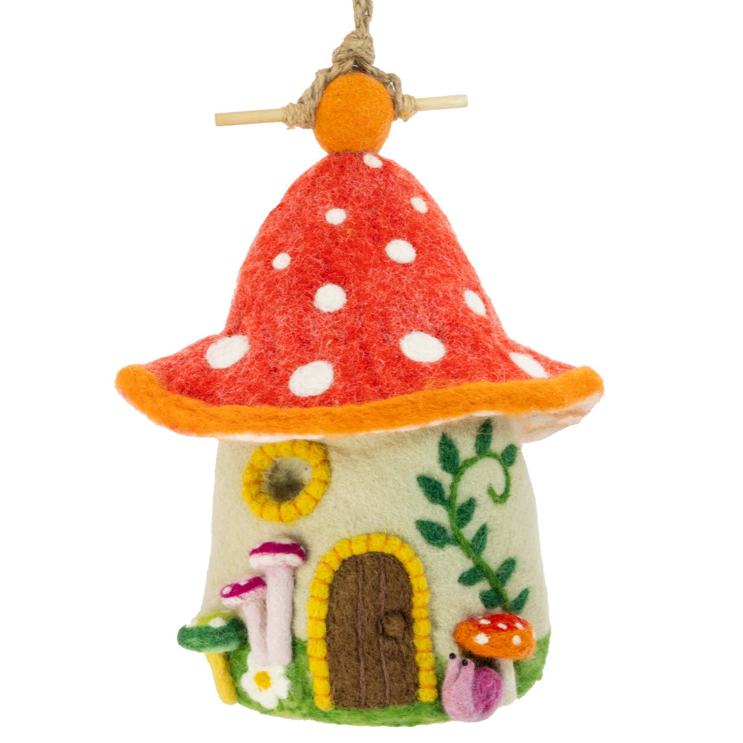 Bright Orange Mushroom Wool Felted Garden Birdhouse