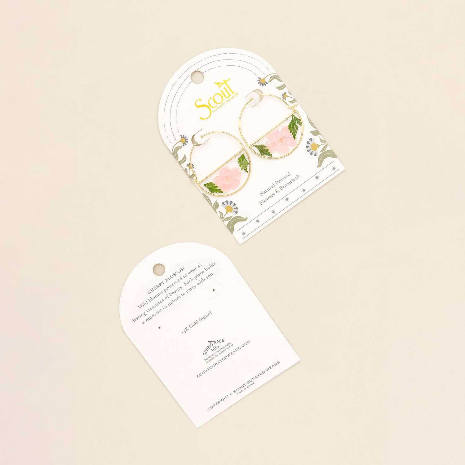 Pressed Flower Hoop Earring - Pink Cherry Blossom/Gold