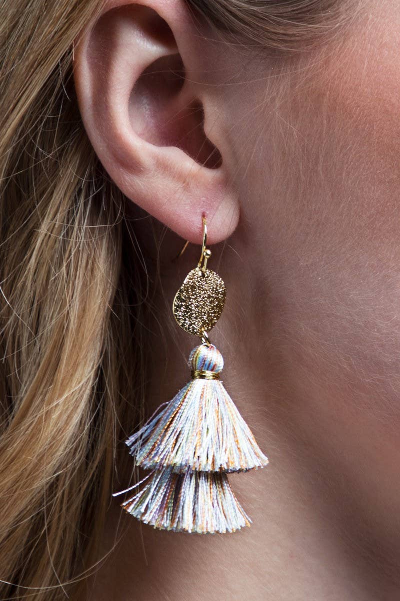 Boho Blue Gold Disc & Tassel Earrings