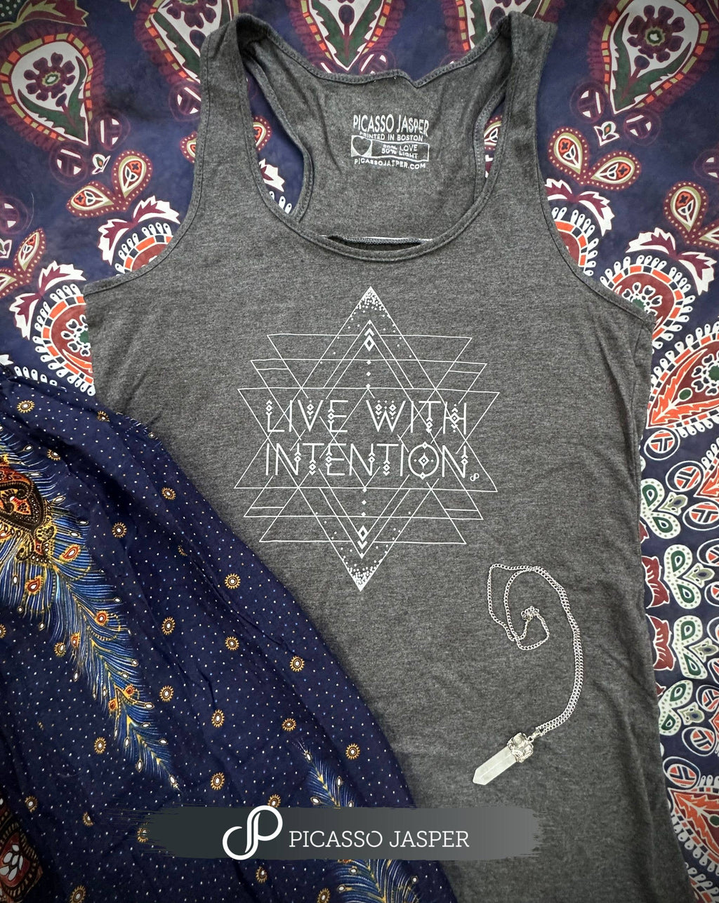 Grey Tank Top: Live with Intention, Gathered Racerback Shirt