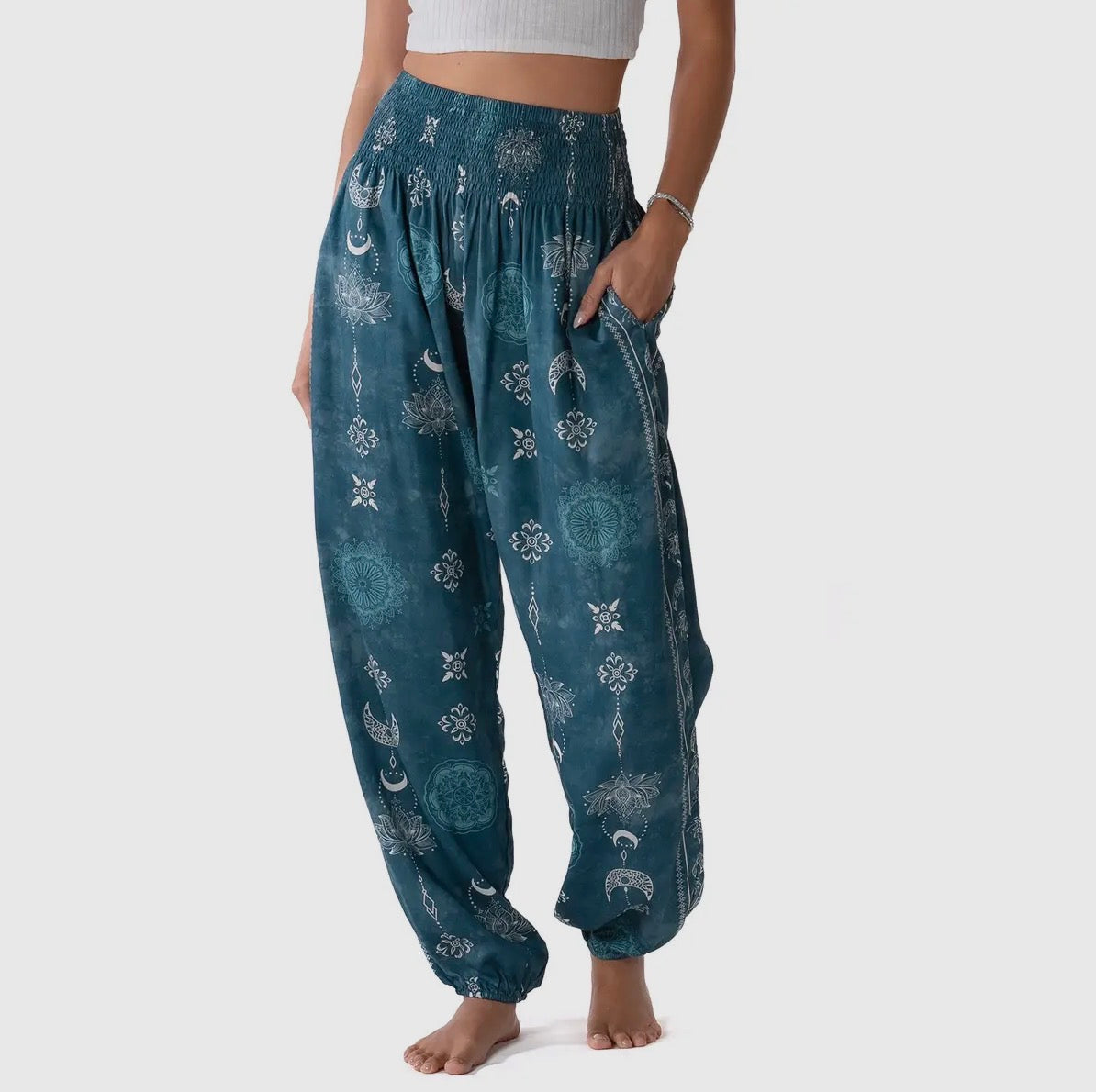 Lotus & Luna: Celestial Moon Teal Harem Pants Yoga Apparel