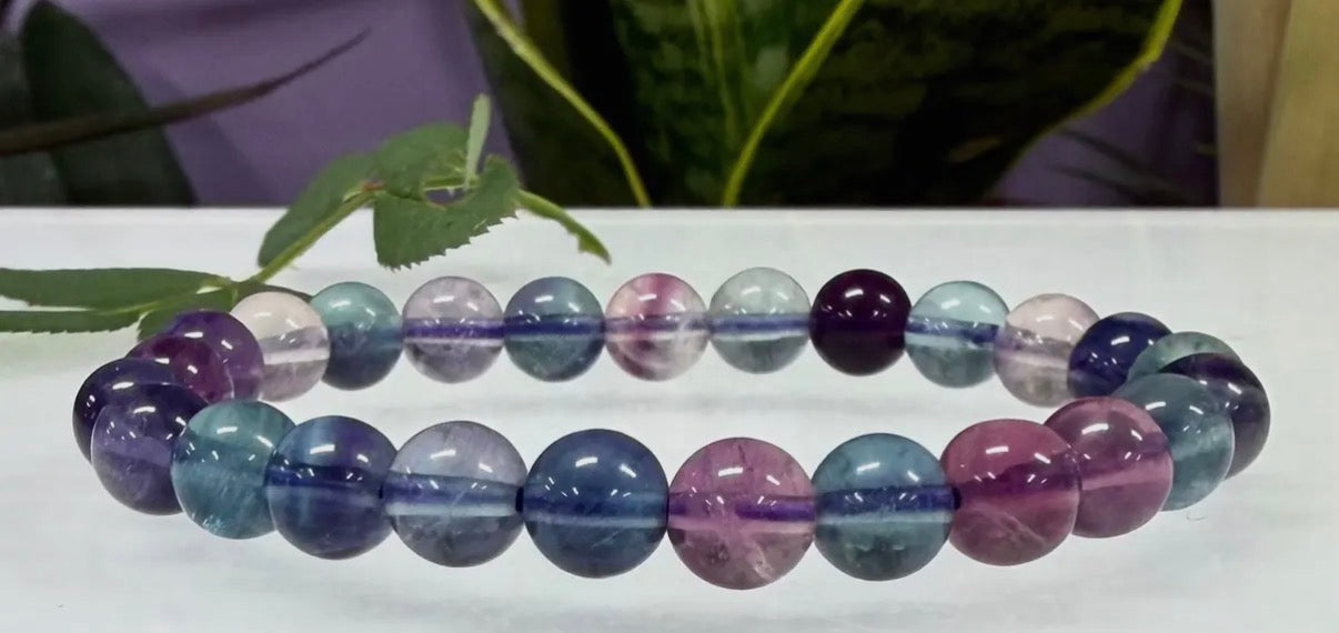 Rainbow Fluorite 8mm Crystal Beaded Stretch Bracelet 7.5”
