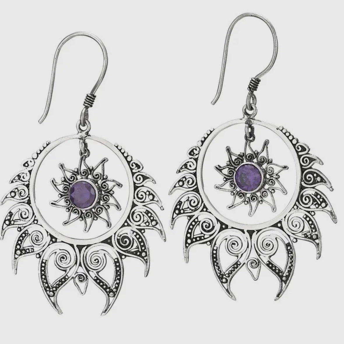 Amethyst Sun Burst Sterling Silver Hoop Earrings