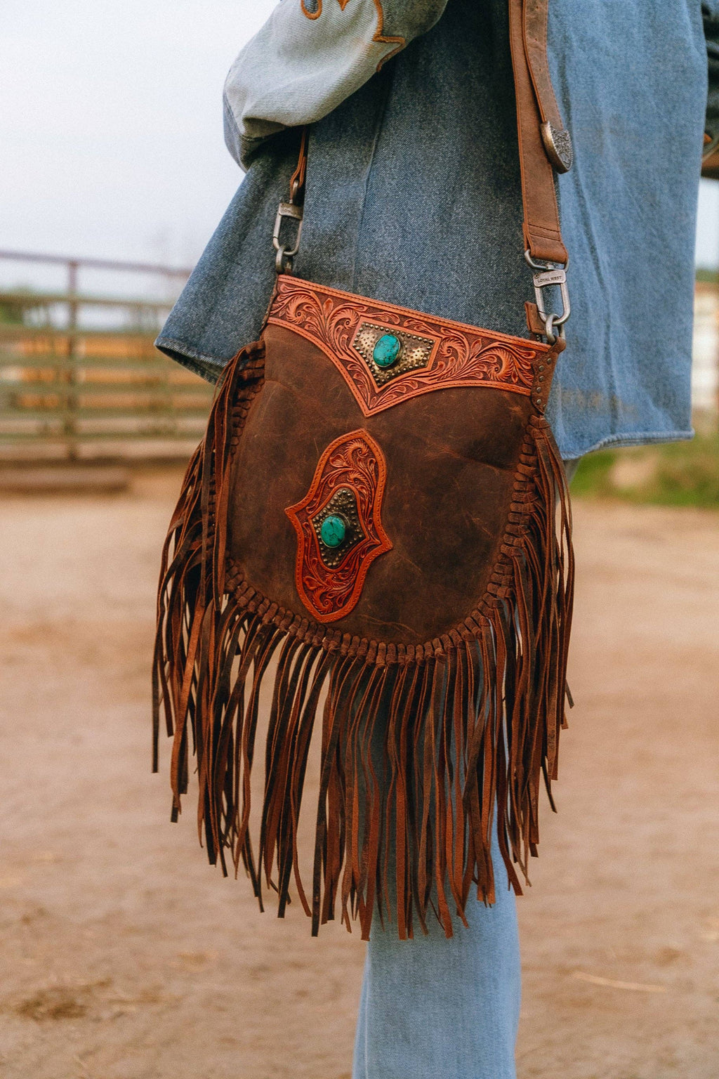 Mojave Tassle Bag In Brunette Leather Hand-tooled with Fringe