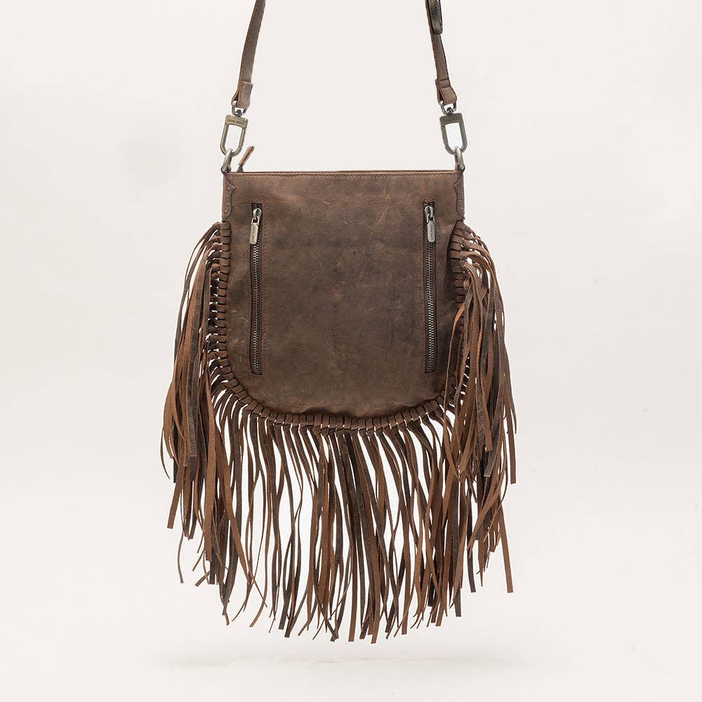 Mojave Tassle Bag In Brunette Leather Hand-tooled with Fringe