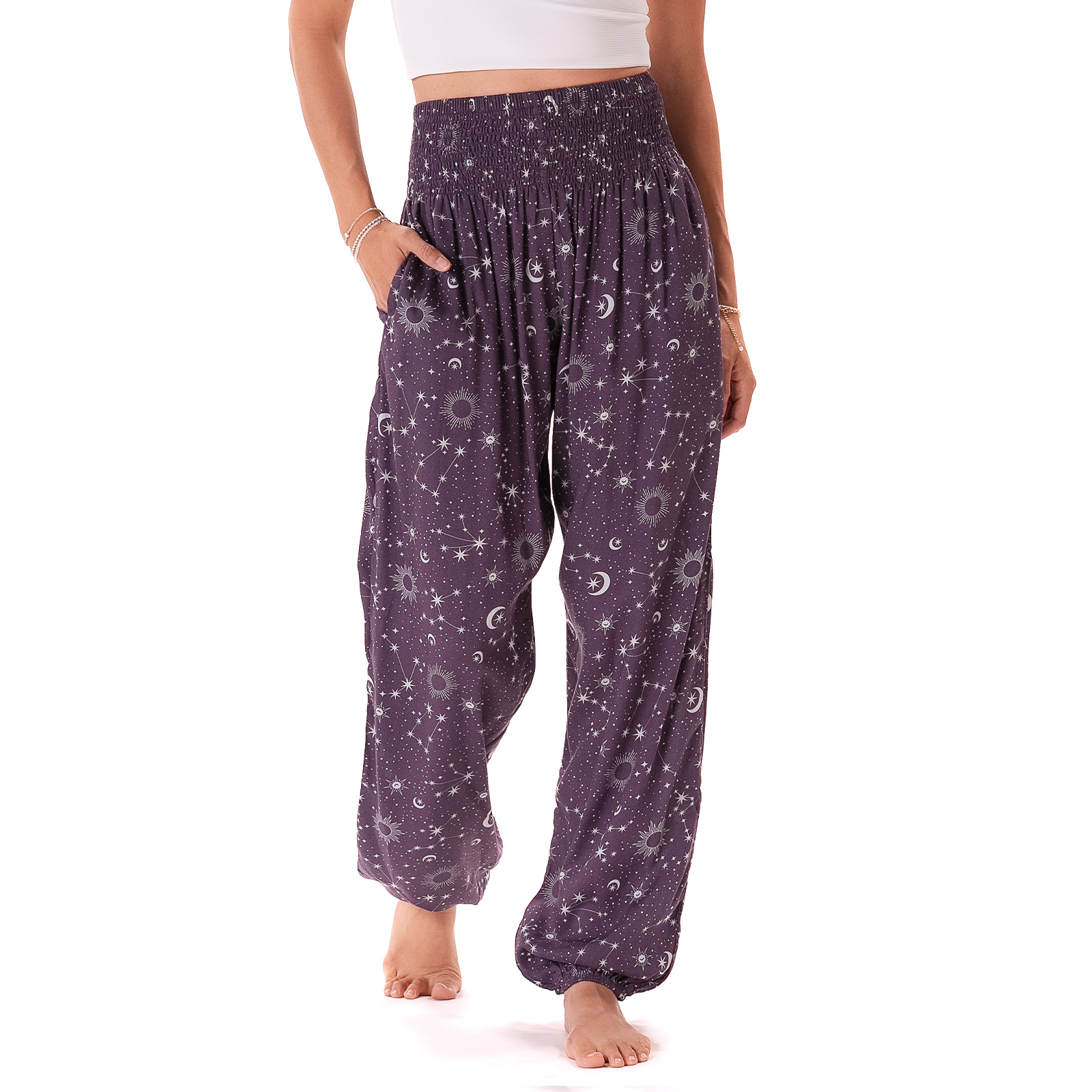 Lunar Plum Starry Night Harem Pants with Pockets