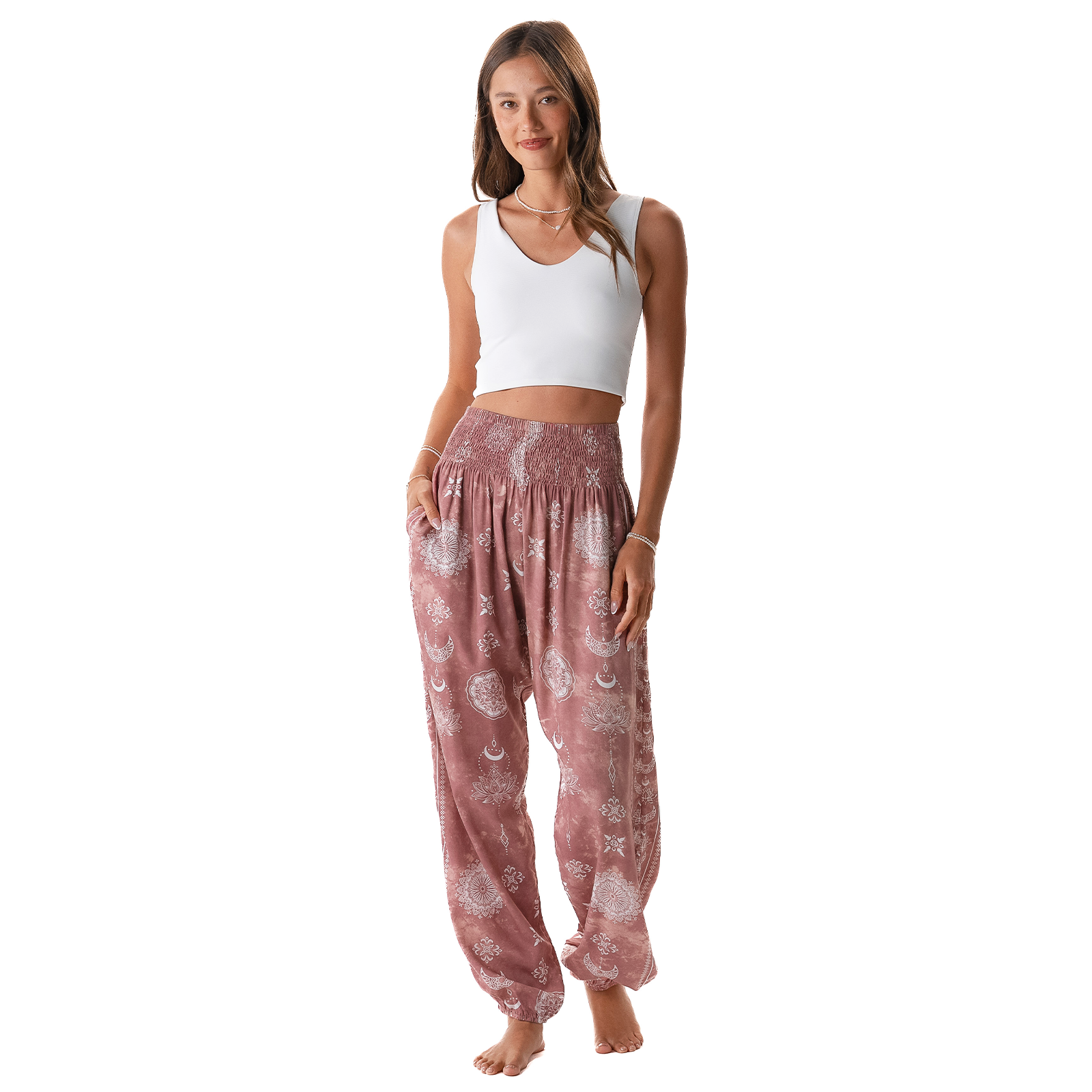 Dusty Rose Lotus Moon Harem Pants with Pockets
