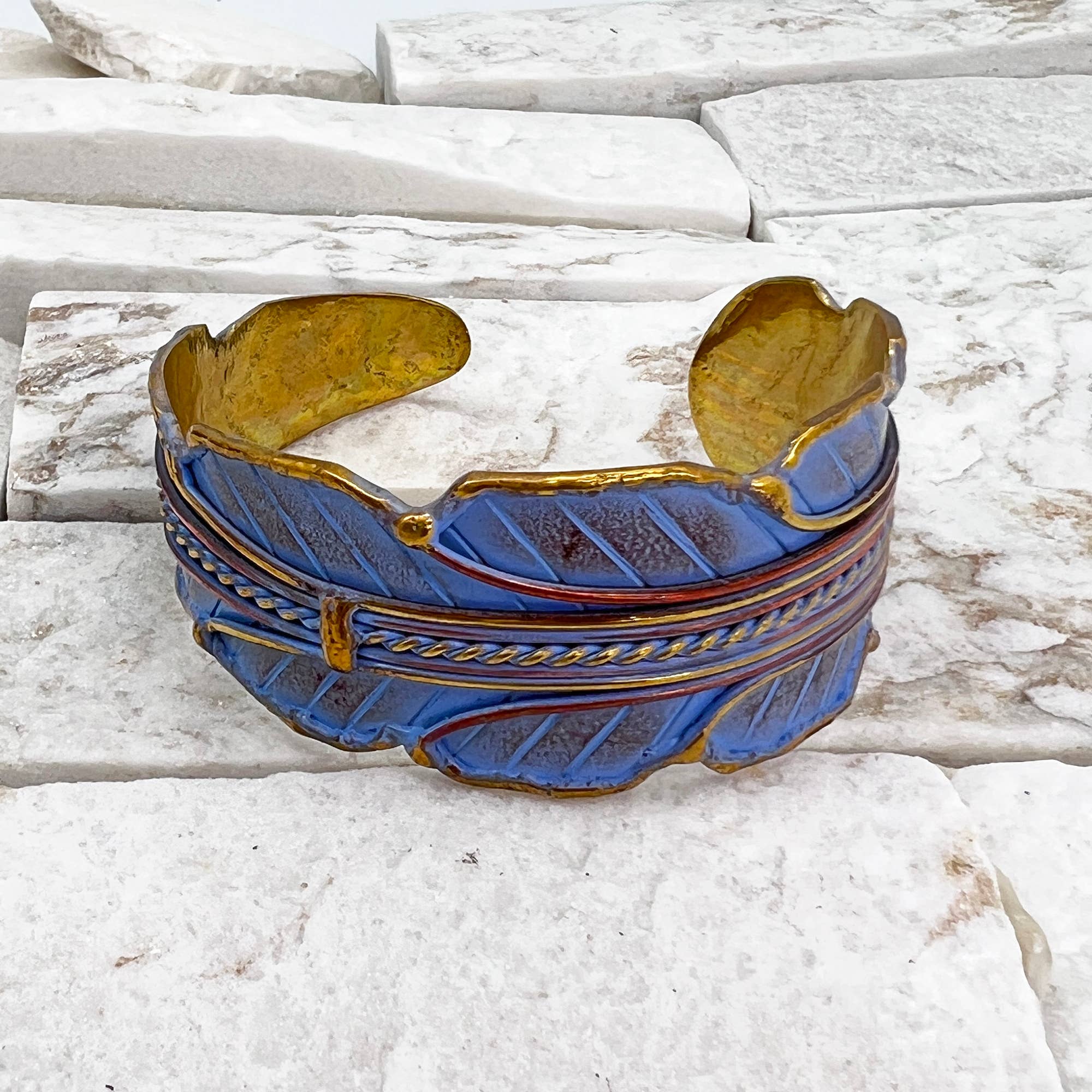Anju: Brass Patina Cuff Bracelet- Blue Leaf