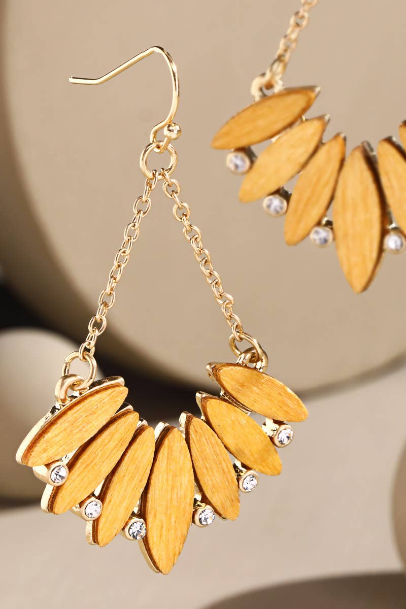 Wooden Fan Leaf Sparkly Dangle Earrings