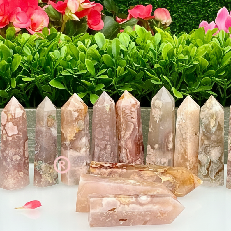 Pink Flower Agate Crystal Tower Obelisk Point