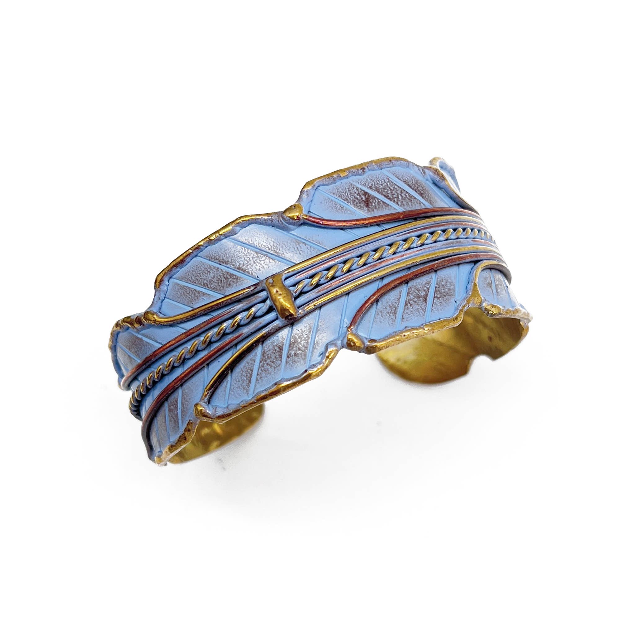 Anju: Brass Patina Cuff Bracelet- Blue Leaf