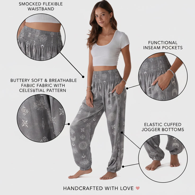 Lotus & Luna: Celestial Moon Grey Harem Pants Yoga Apparel