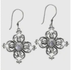 Four Petal Flower Sterling & Moonstone Earrings