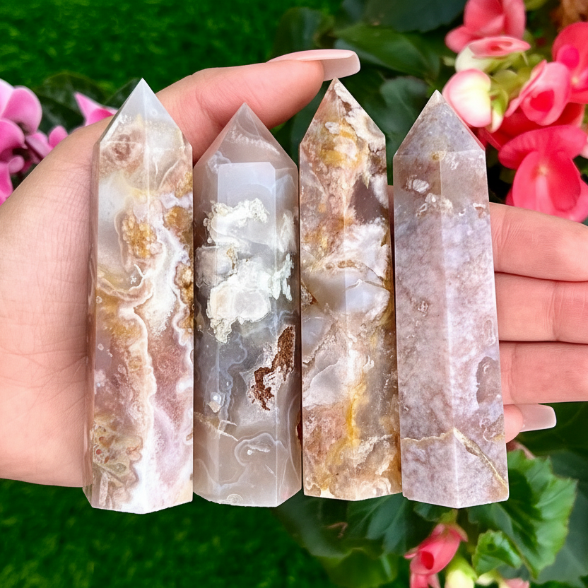Pink Flower Agate Crystal Tower Obelisk Point