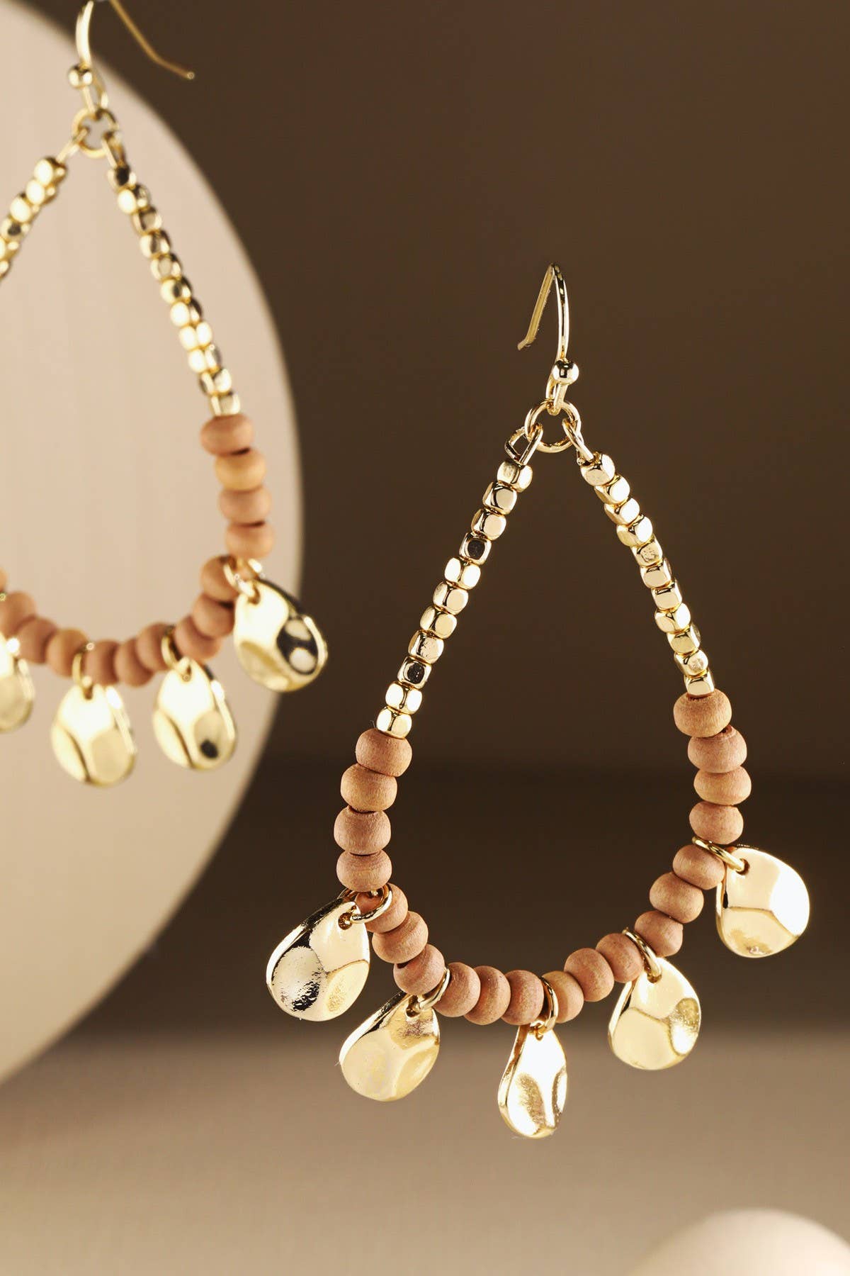 Boho Orange Wood Beaded Teardrop Hoop Earrings