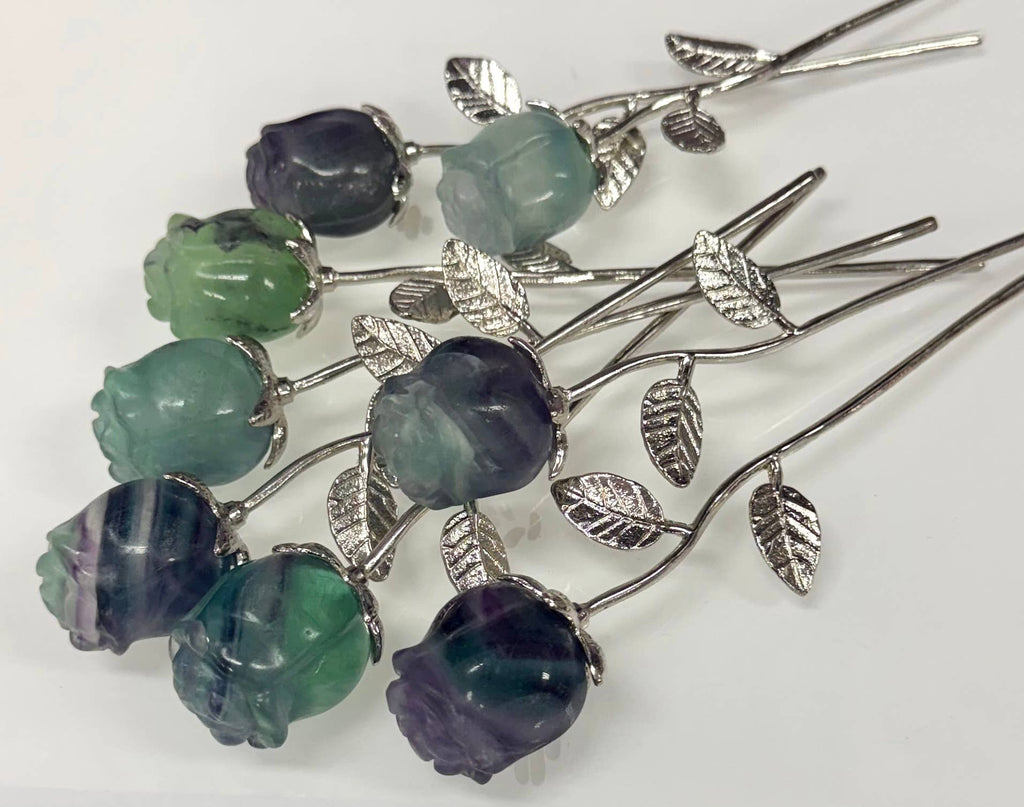 Fluorite Rose with Rhodium Metal Stem Natural Crystal 