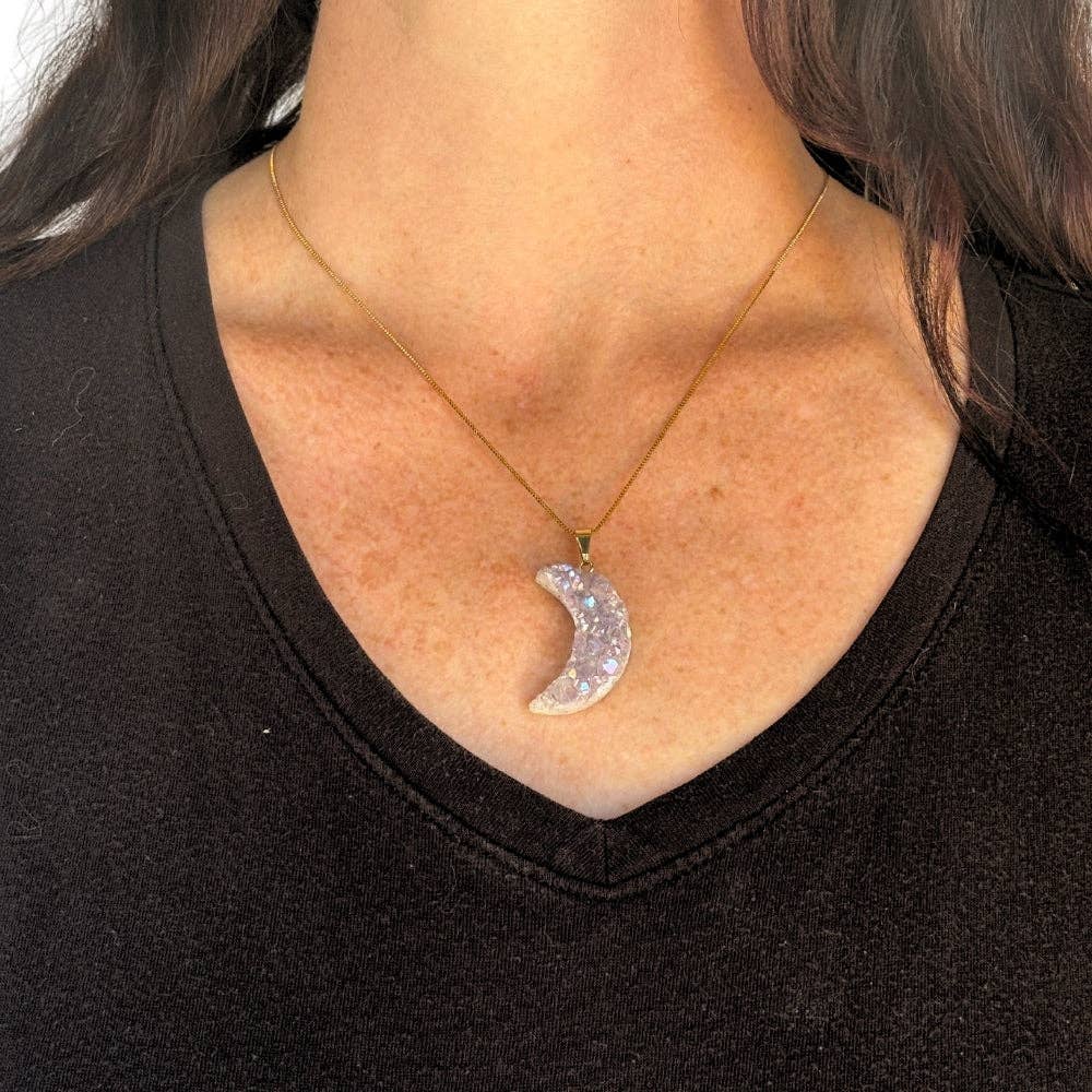 Pearly Druzy Amethyst Moon Necklace