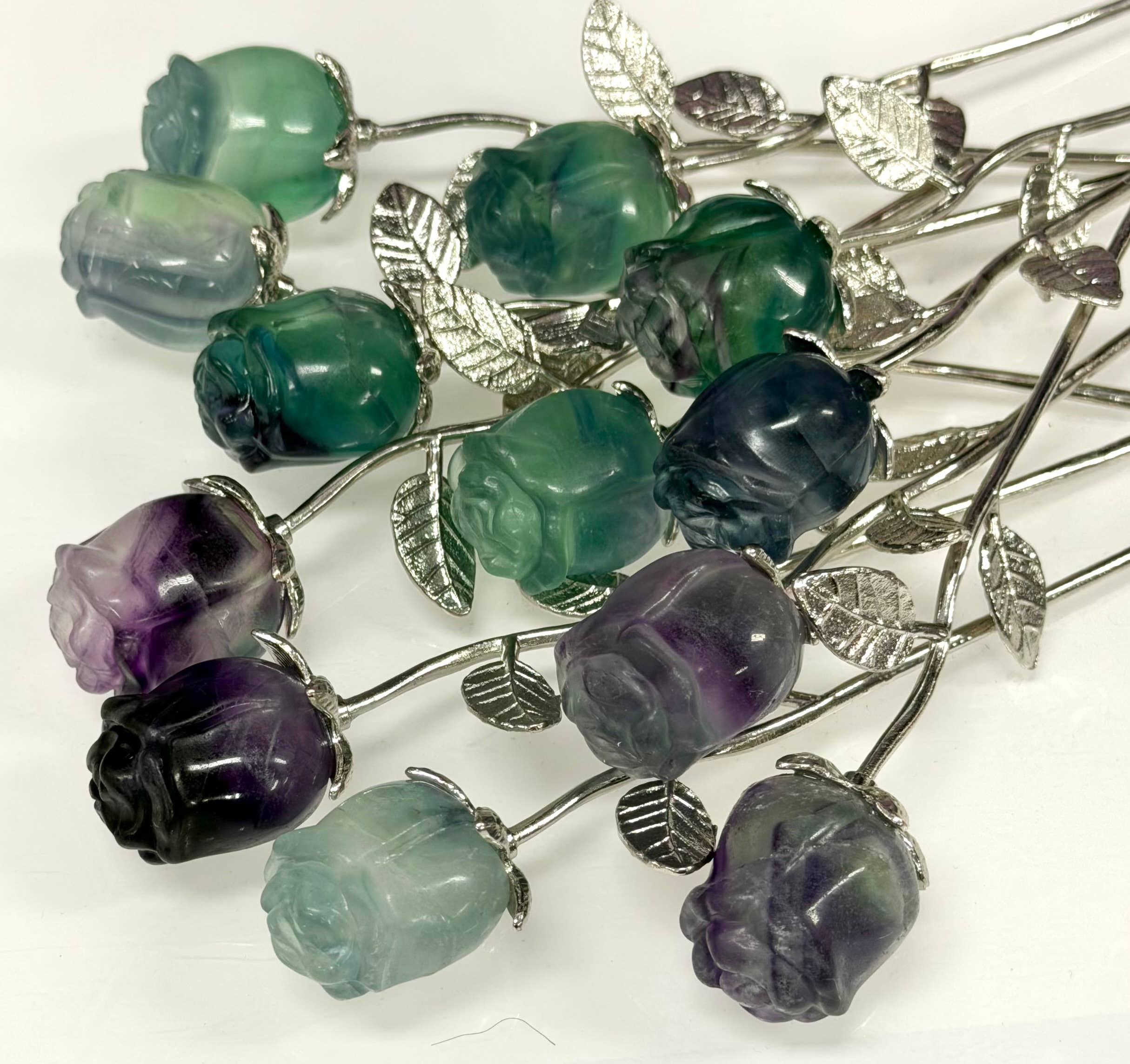 Fluorite Rose with Rhodium Metal Stem Natural Crystal 