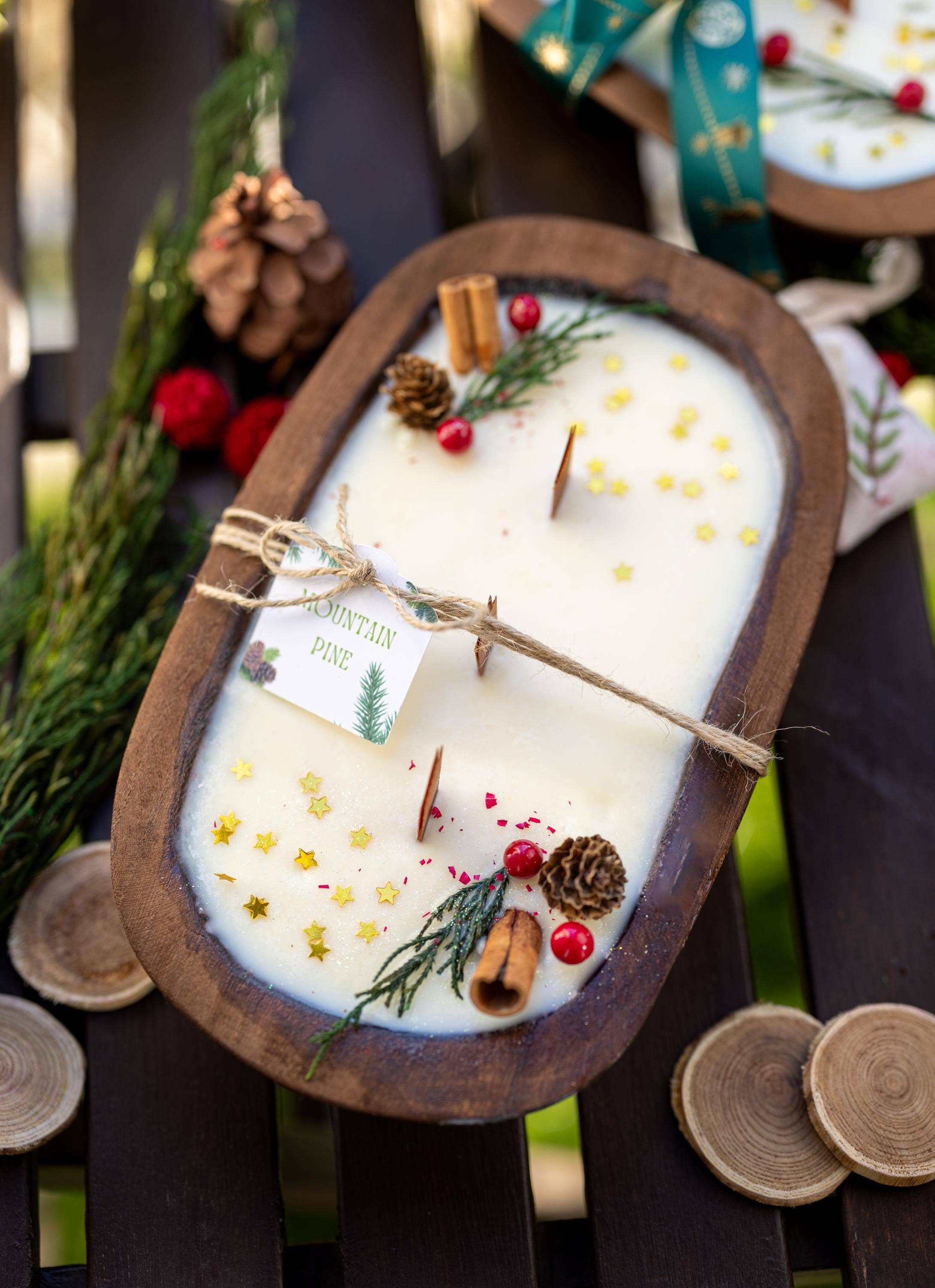 Christmas Wooden Dough Bowl Candle |Hand Crafted Multipurpose home decor | Farmhouse | Soy Wax Scented Candle | Natural Scent |Holiday Gift