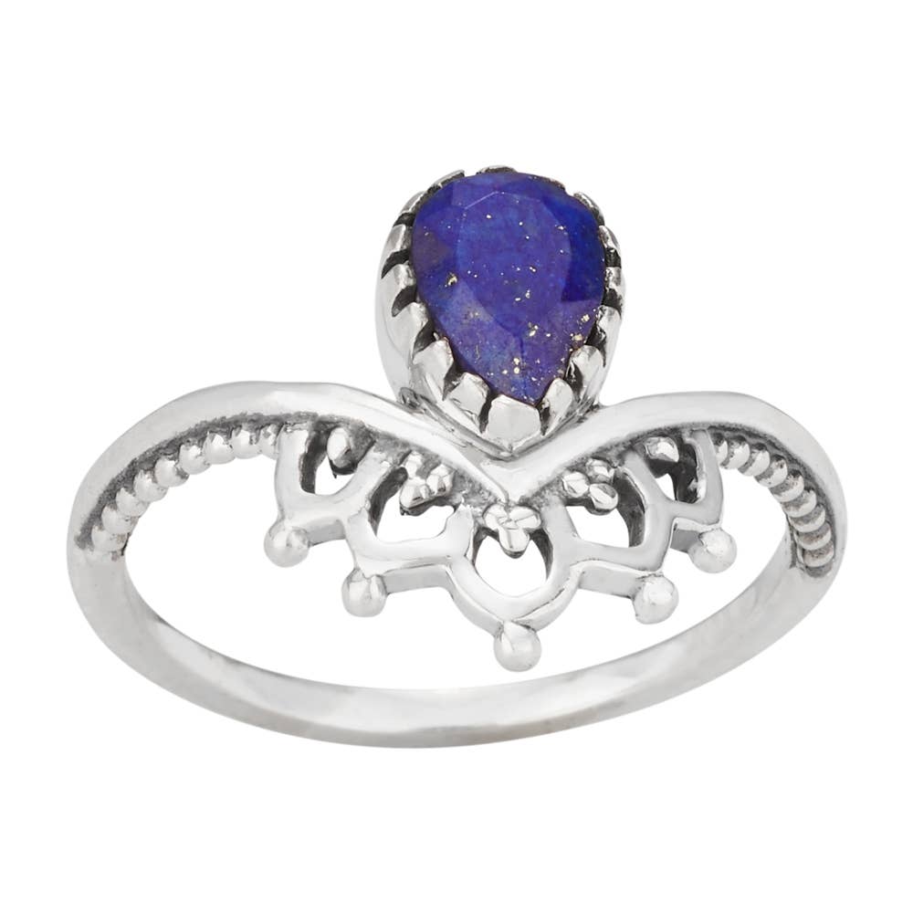 Crowned Lapis Lazuli Teardrop Sterling Silver Ring