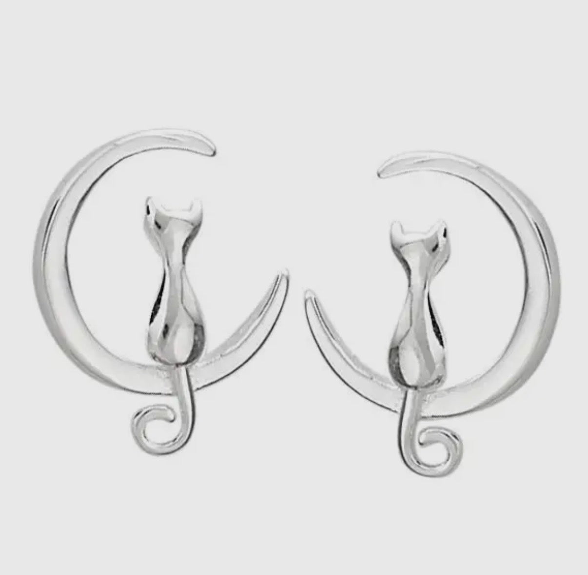 Moon Cat Sterling Silver Feline Stud Earrings