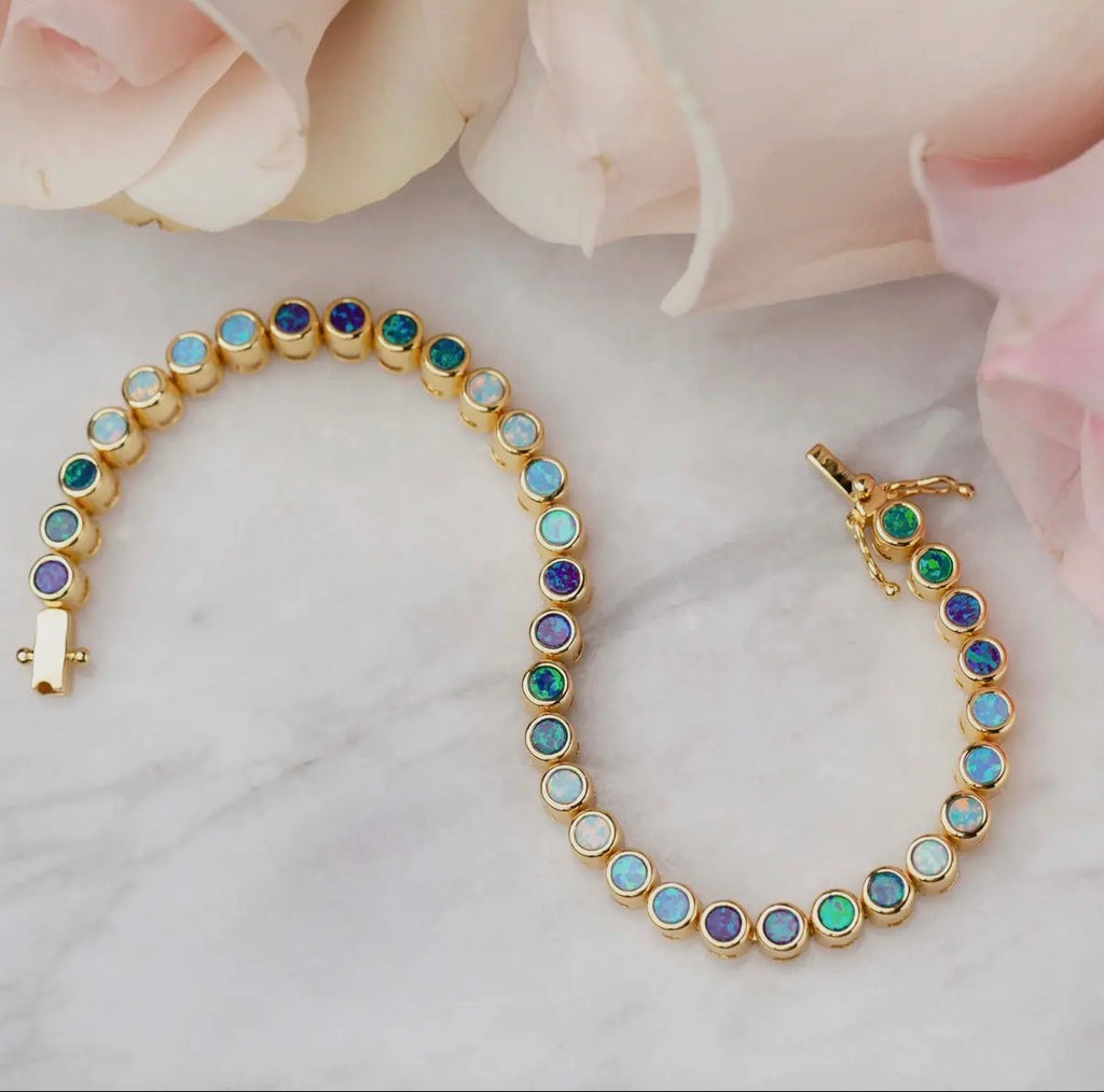 Blue Ombré Round Opal Gold Tennis Bracelet