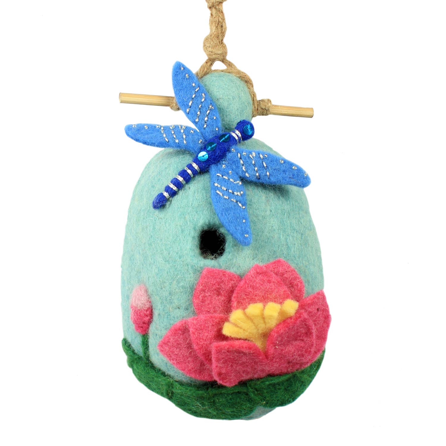 Pink Lotus& Blue Dragonfly Wool Felted Garden Birdhouse