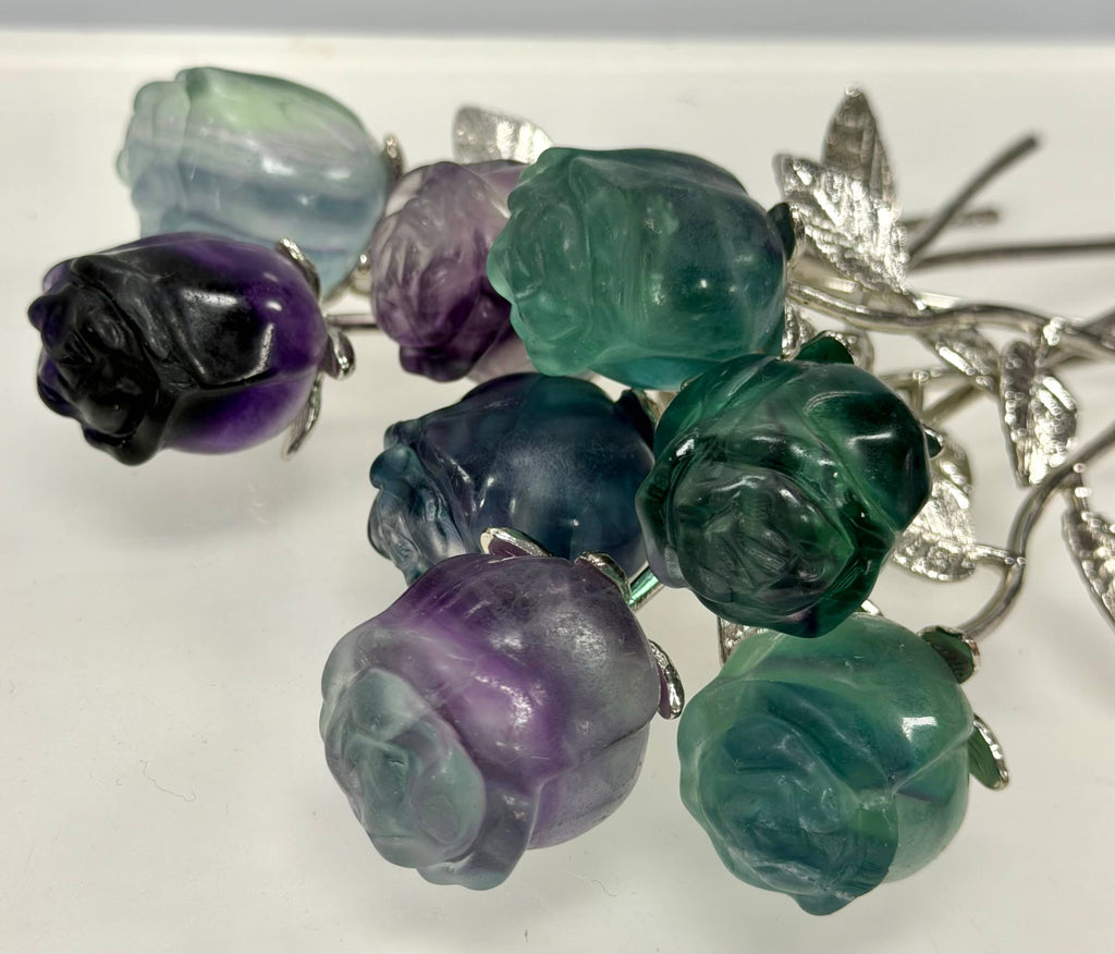 Fluorite Rose with Rhodium Metal Stem Natural Crystal 