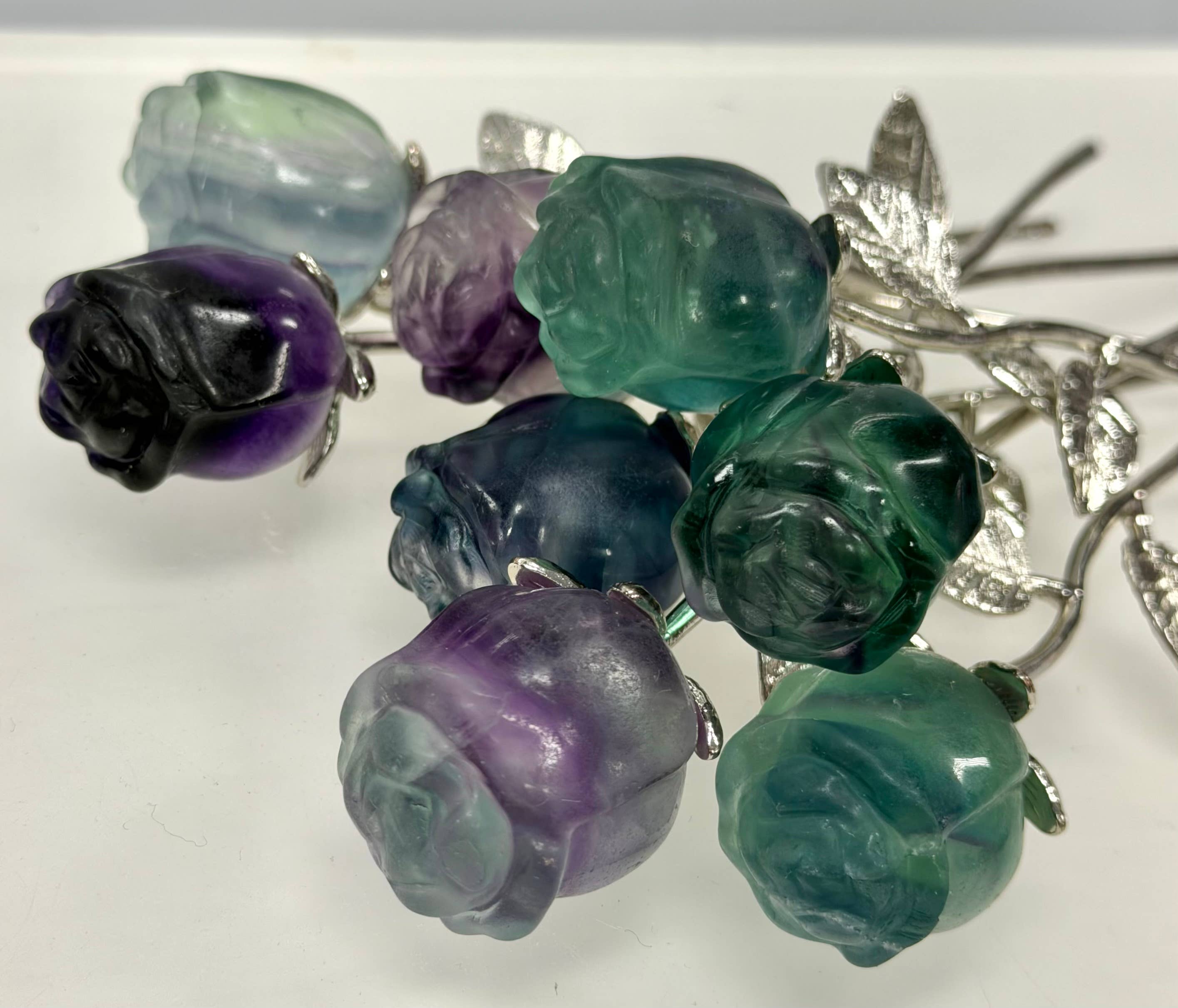 Fluorite Rose with Rhodium Metal Stem Natural Crystal 