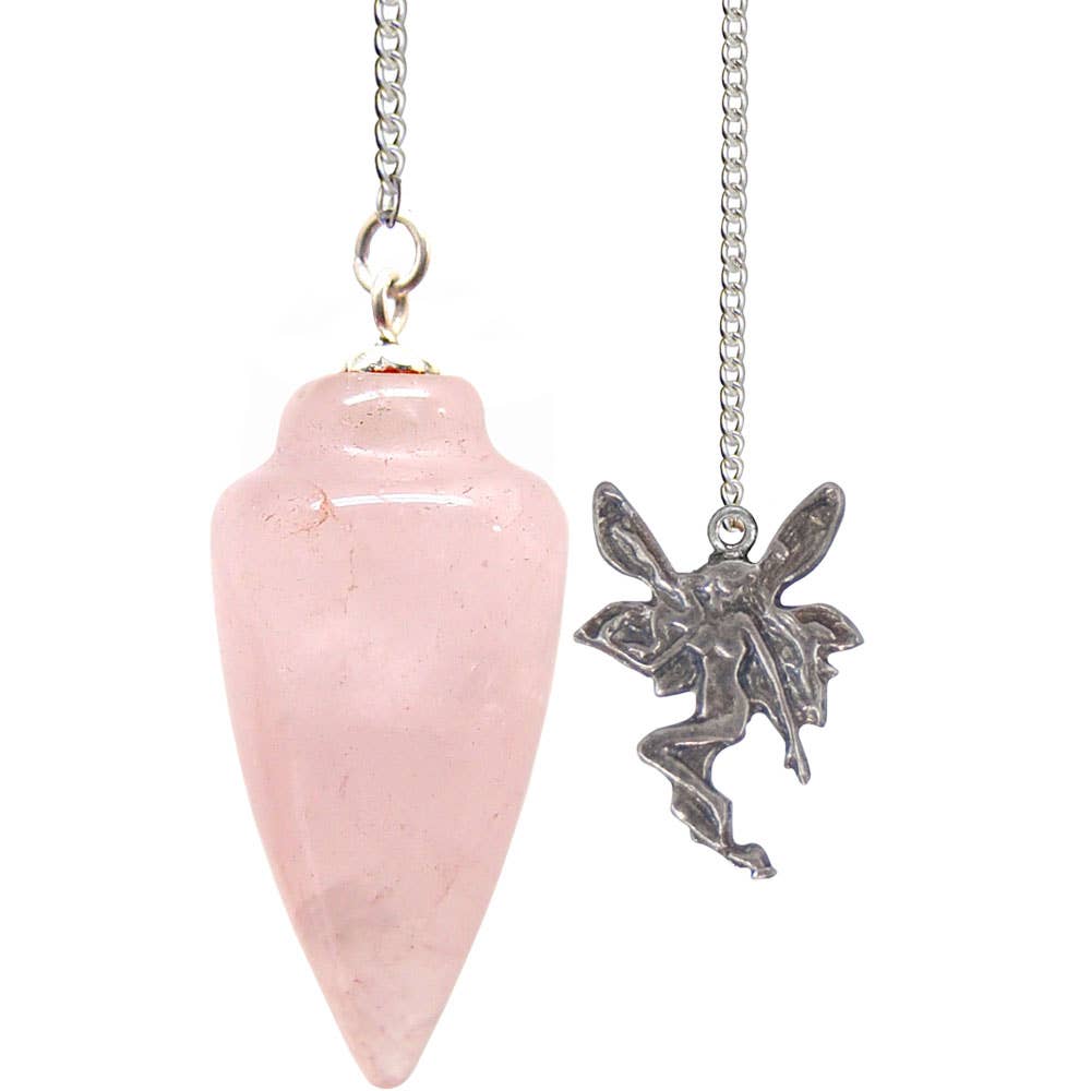 Curved Rose Quartz Pendulum with Fairy Charm