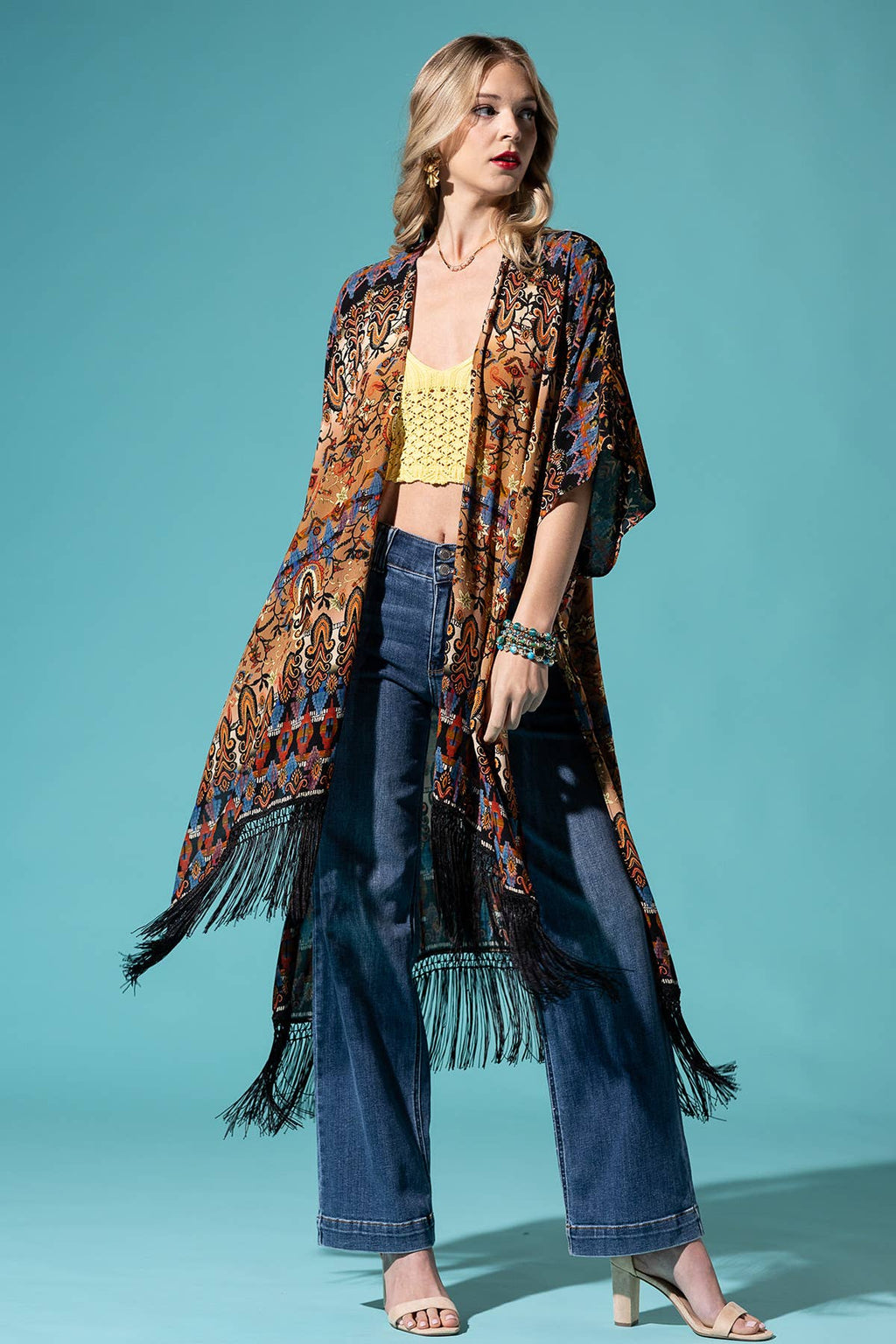 Brown Tribal Fringe Kimono