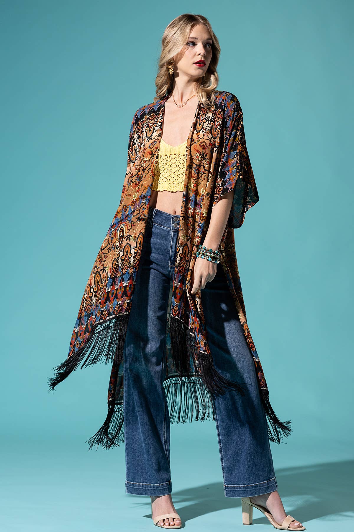 Brown Tribal Fringe Kimono
