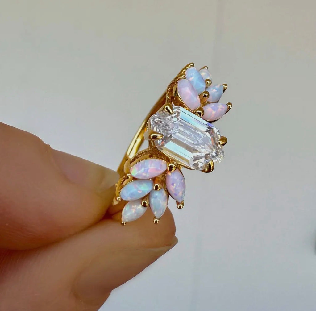 Pink Opal & Topaz Lotus Gold Ring