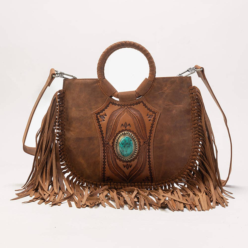 Sedona Tassle Hand Bag In Saddle Brown with Turquoise