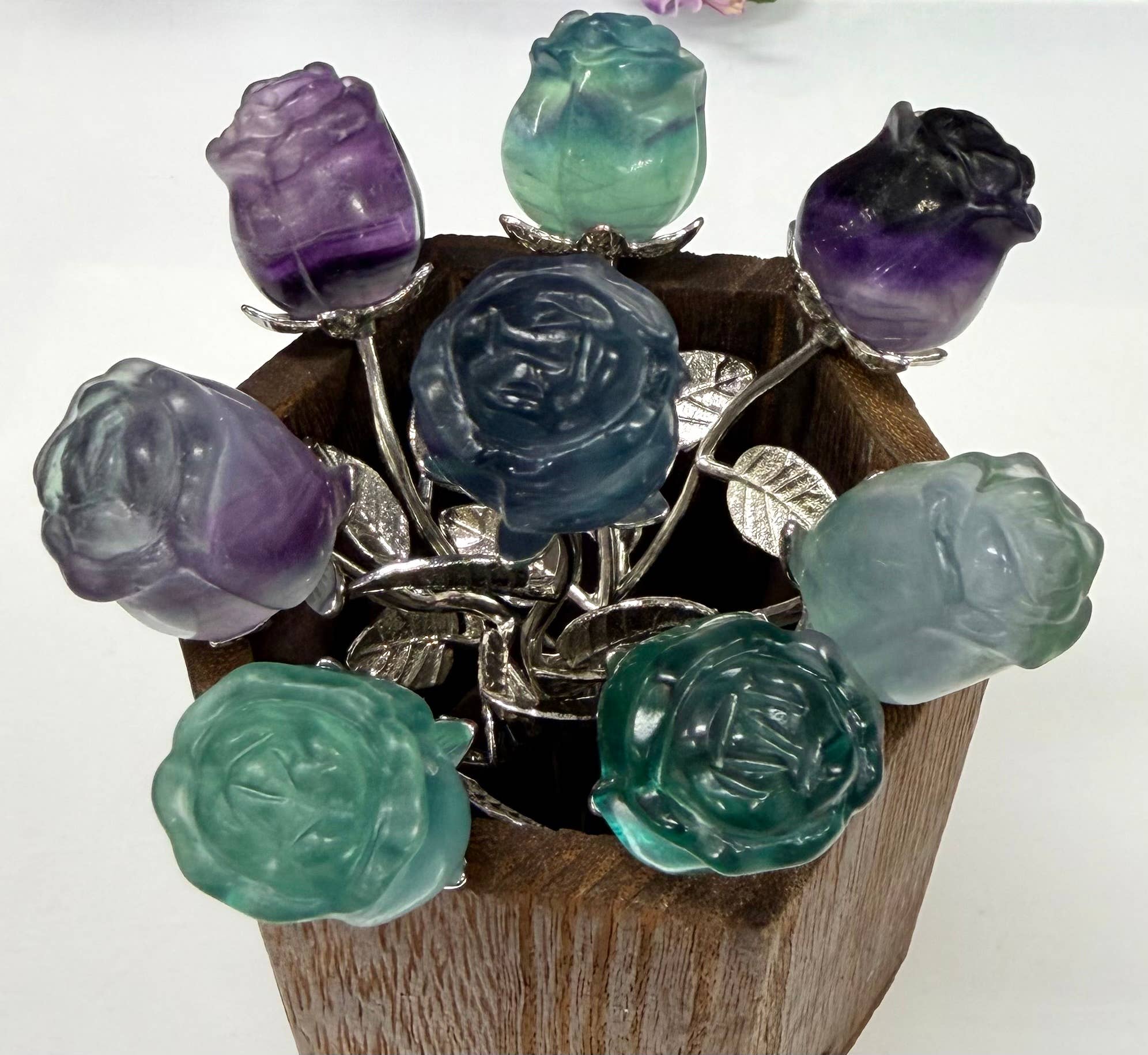Fluorite Rose with Rhodium Metal Stem Natural Crystal 
