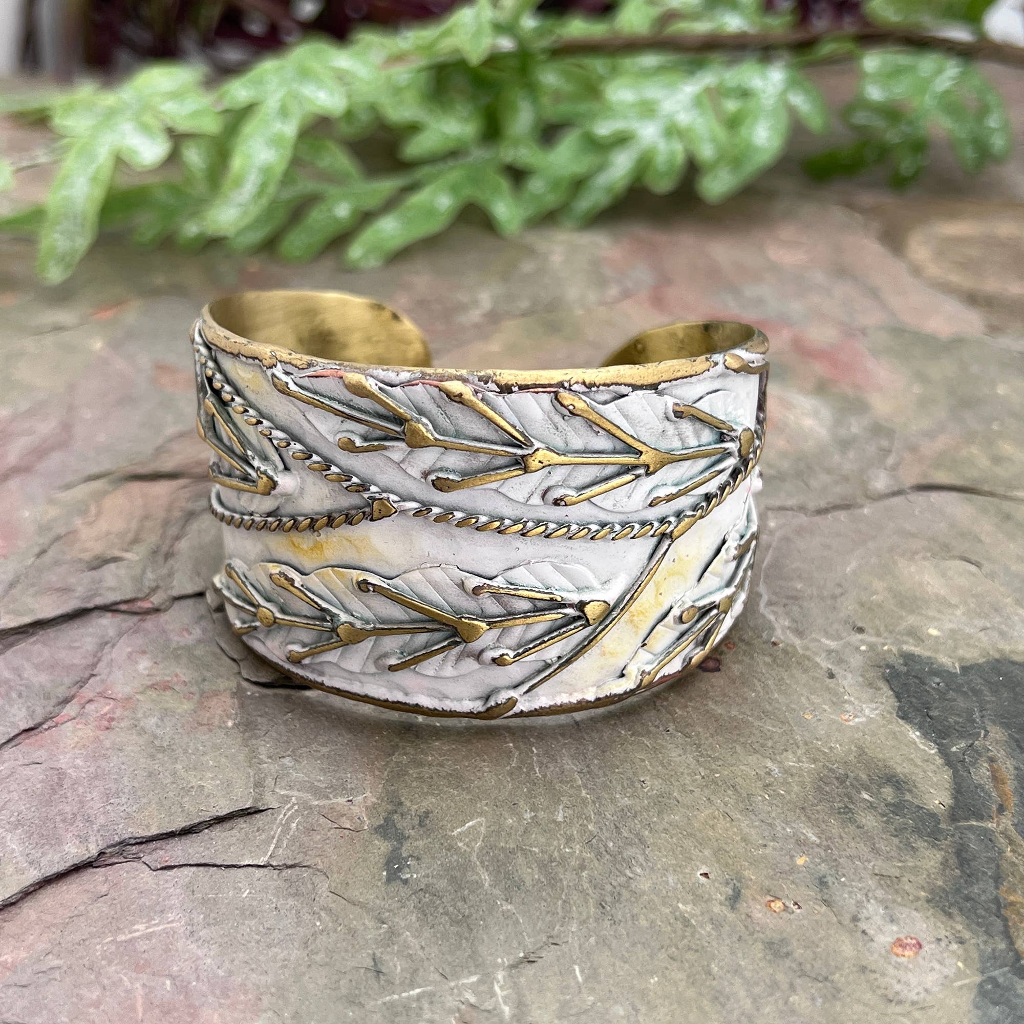 Anju: Brass Patina Cuff Bracelet- White Leaves