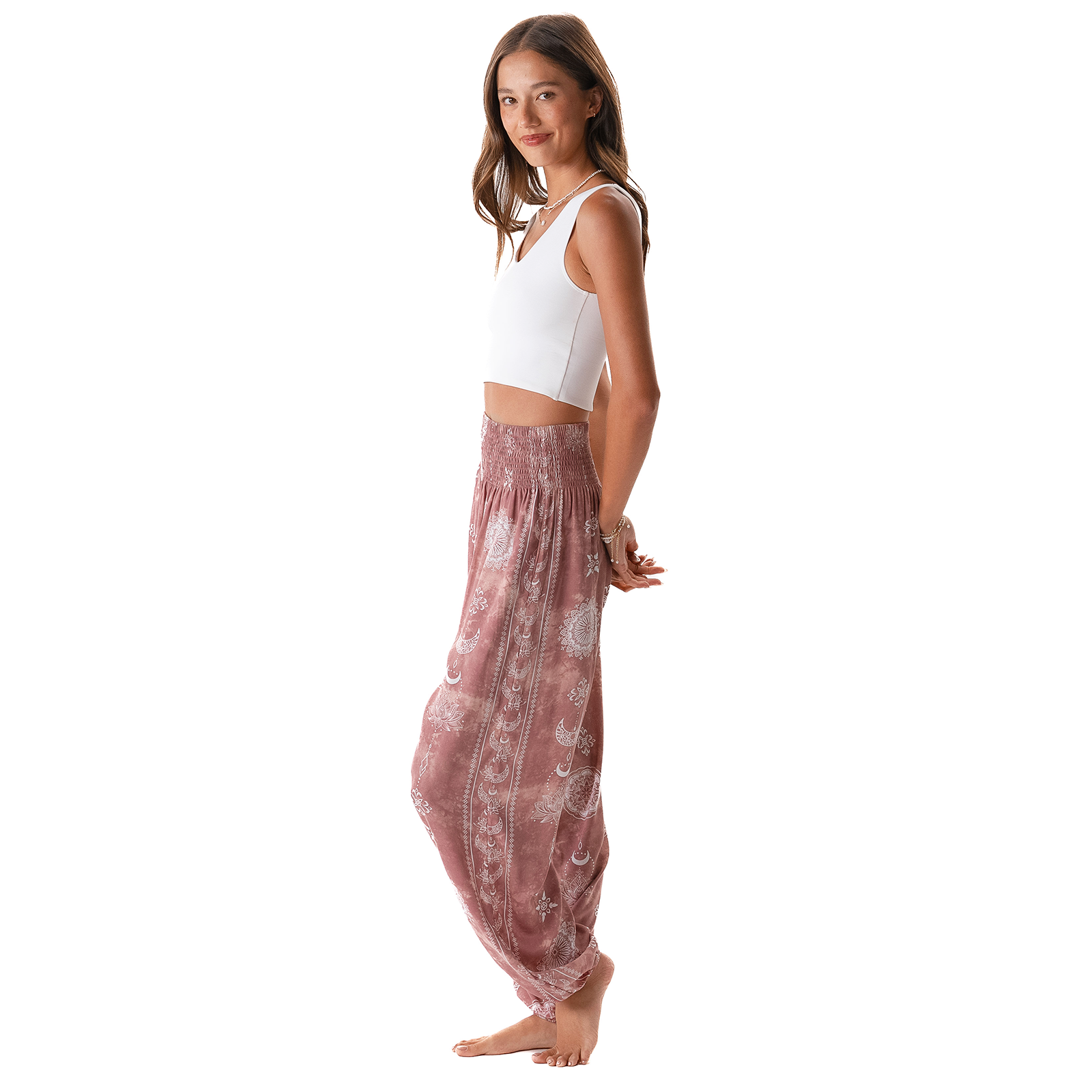 Dusty Rose Lotus Moon Harem Pants with Pockets