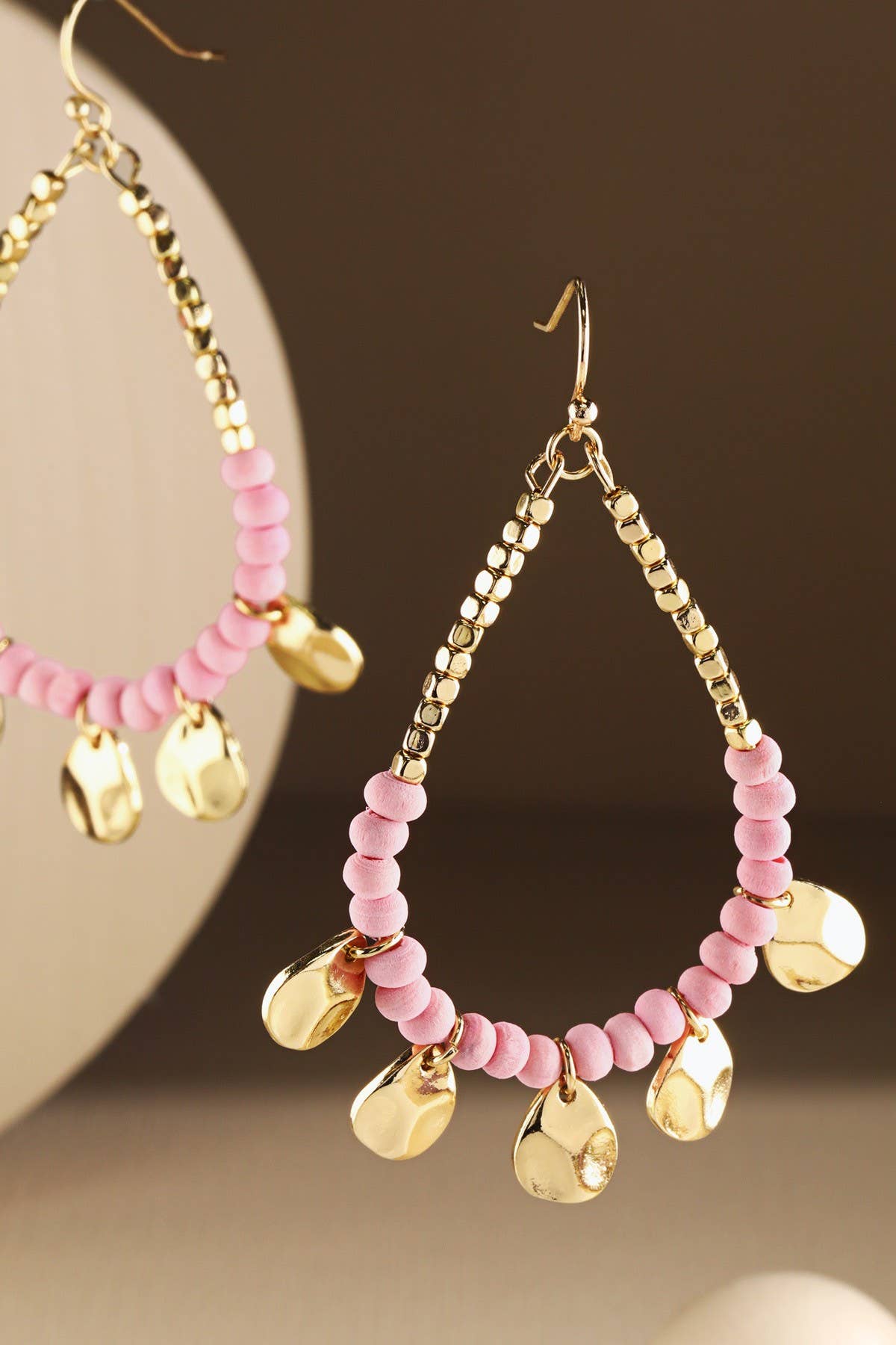 Boho Orange Wood Beaded Teardrop Hoop Earrings